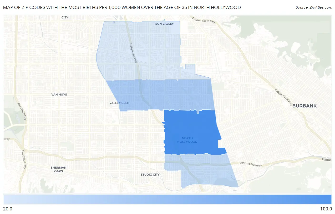 Zip Codes with the Most Births per 1,000 Women Over the Age of 35 in North Hollywood Map