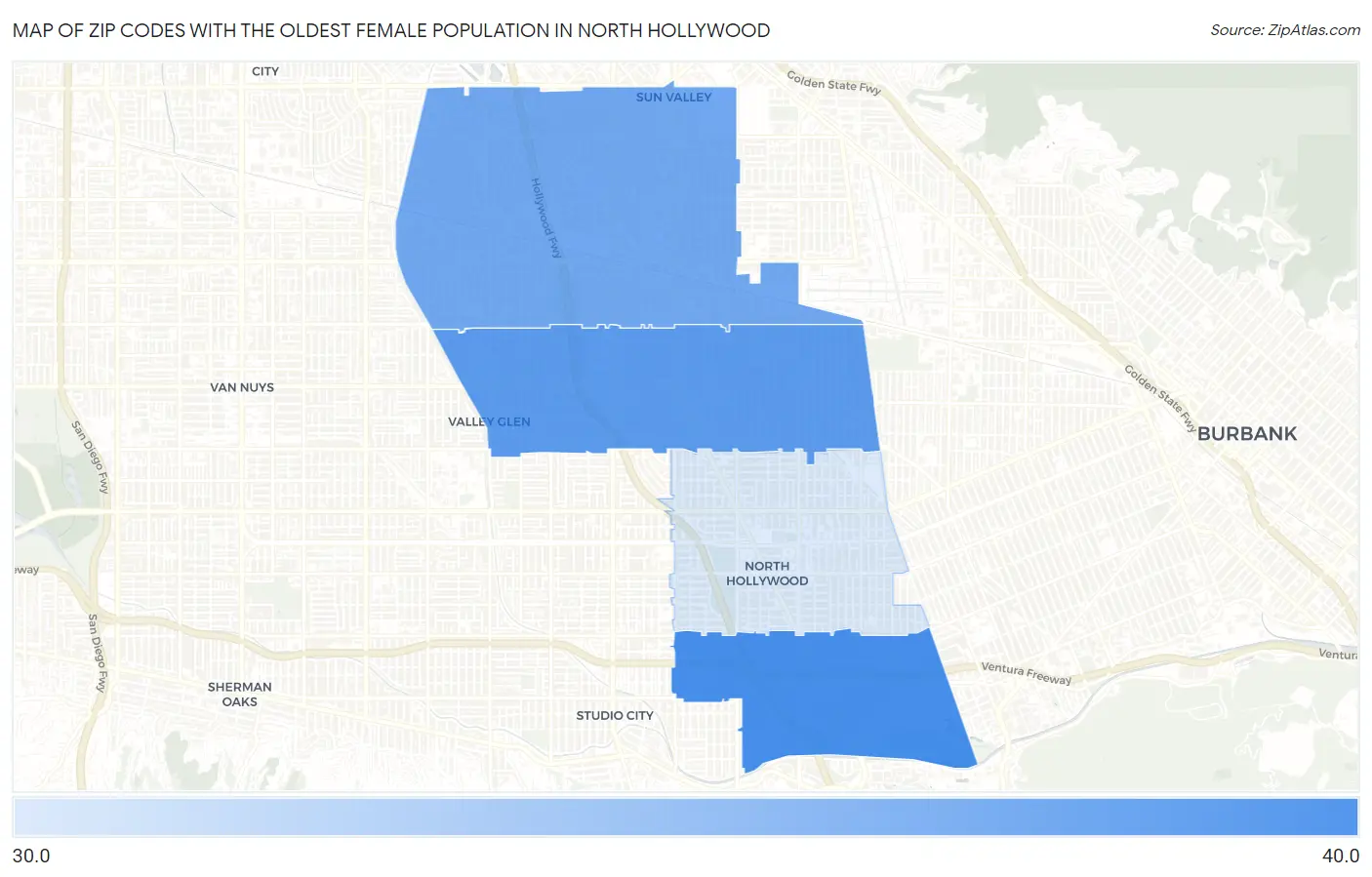 Zip Codes with the Oldest Female Population in North Hollywood Map
