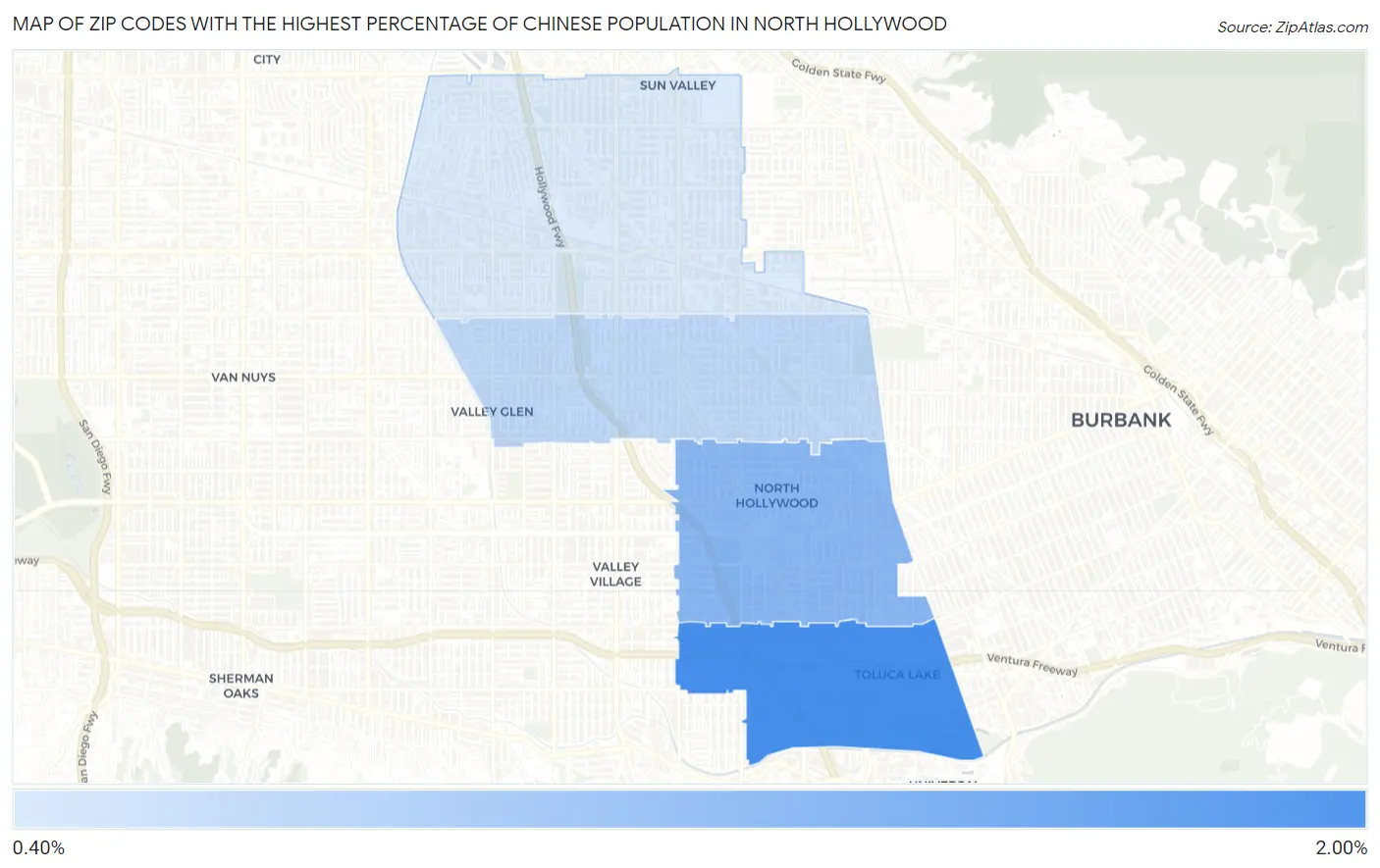 Zip Codes with the Highest Percentage of Chinese Population in North Hollywood Map