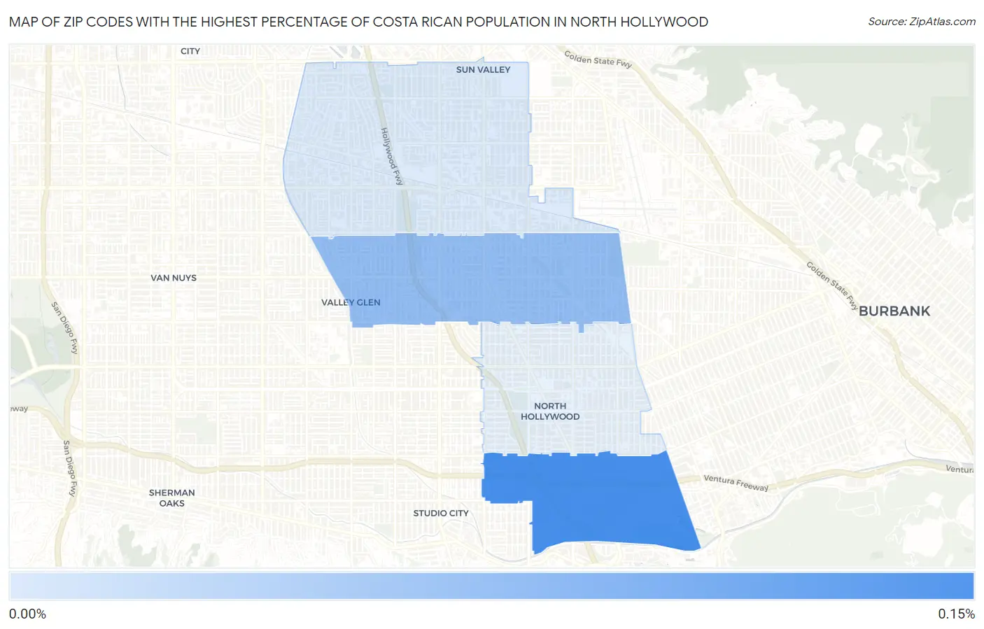 Zip Codes with the Highest Percentage of Costa Rican Population in North Hollywood Map