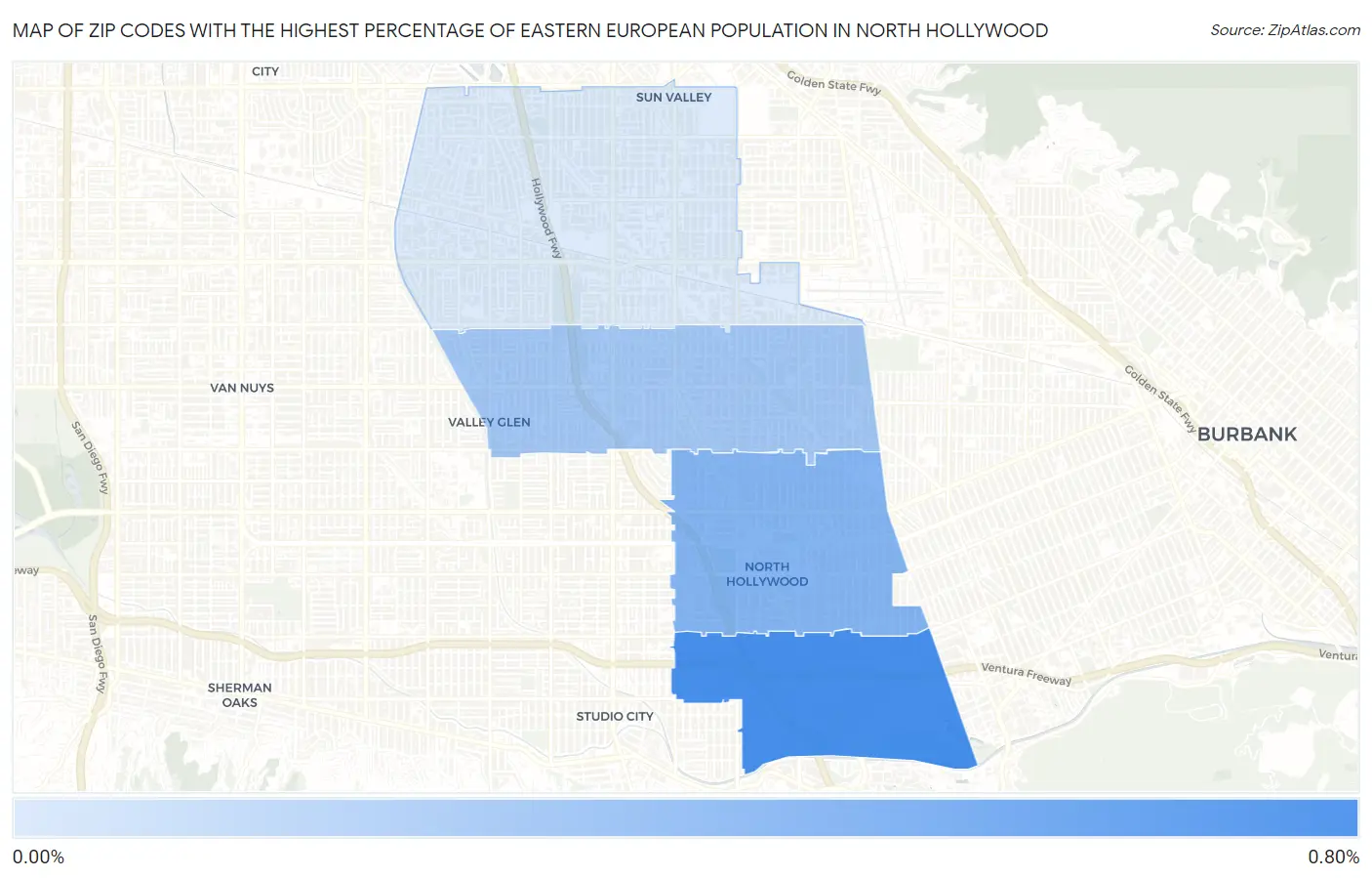 Zip Codes with the Highest Percentage of Eastern European Population in North Hollywood Map