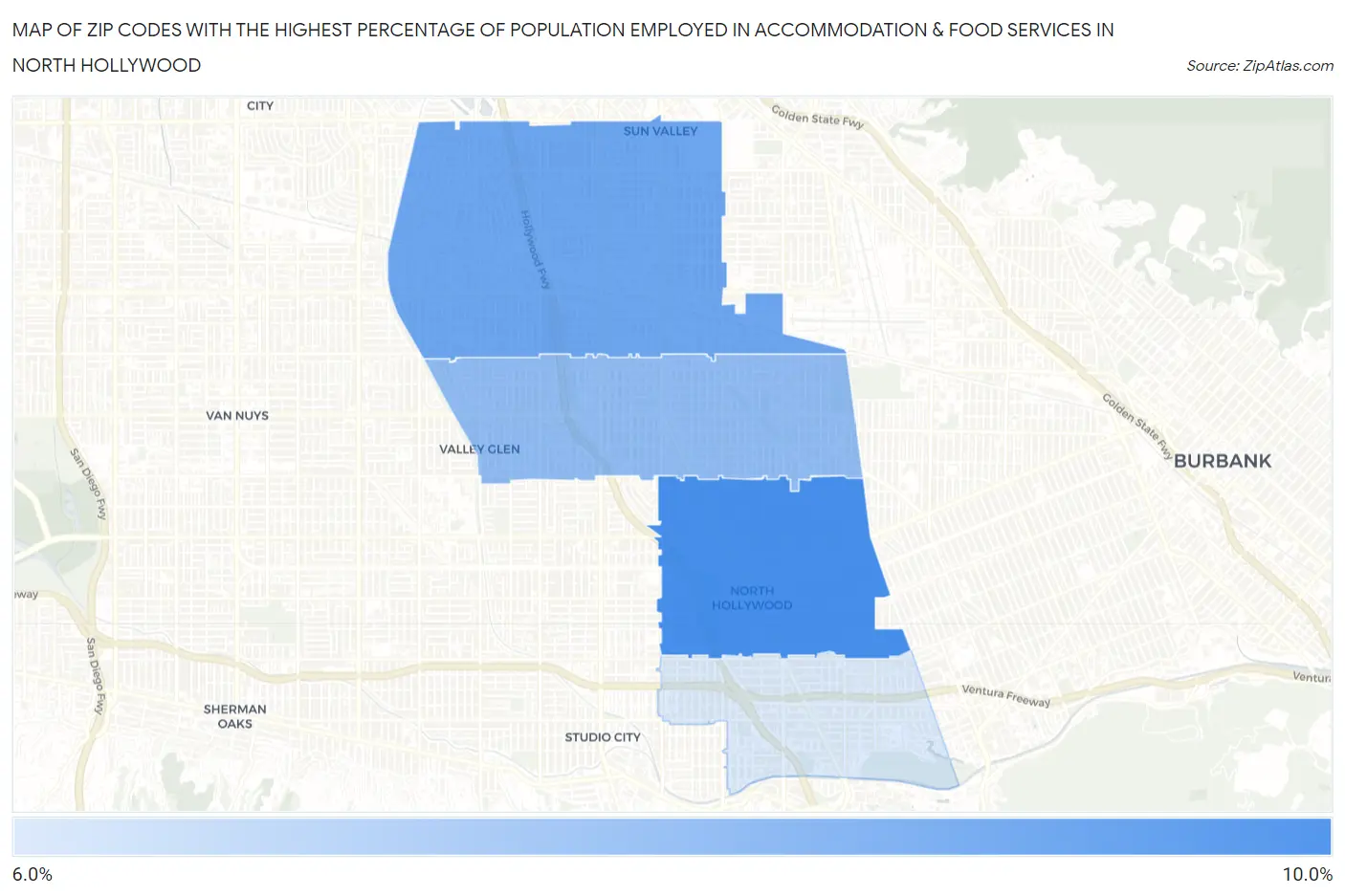 Zip Codes with the Highest Percentage of Population Employed in Accommodation & Food Services in North Hollywood Map