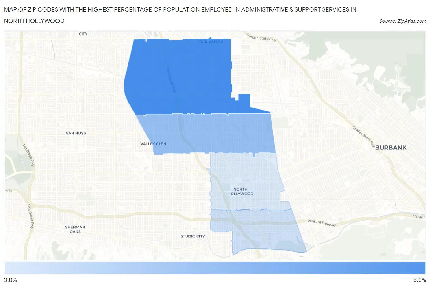 Zip Codes with the Highest Percentage of Population Employed in Administrative & Support Services in North Hollywood Map
