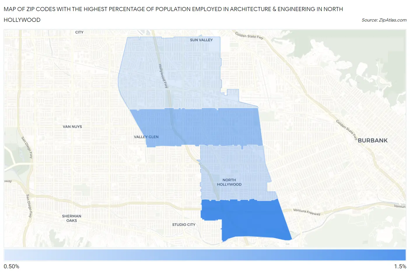 Zip Codes with the Highest Percentage of Population Employed in Architecture & Engineering in North Hollywood Map