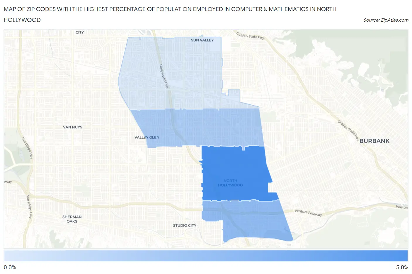 Zip Codes with the Highest Percentage of Population Employed in Computer & Mathematics in North Hollywood Map