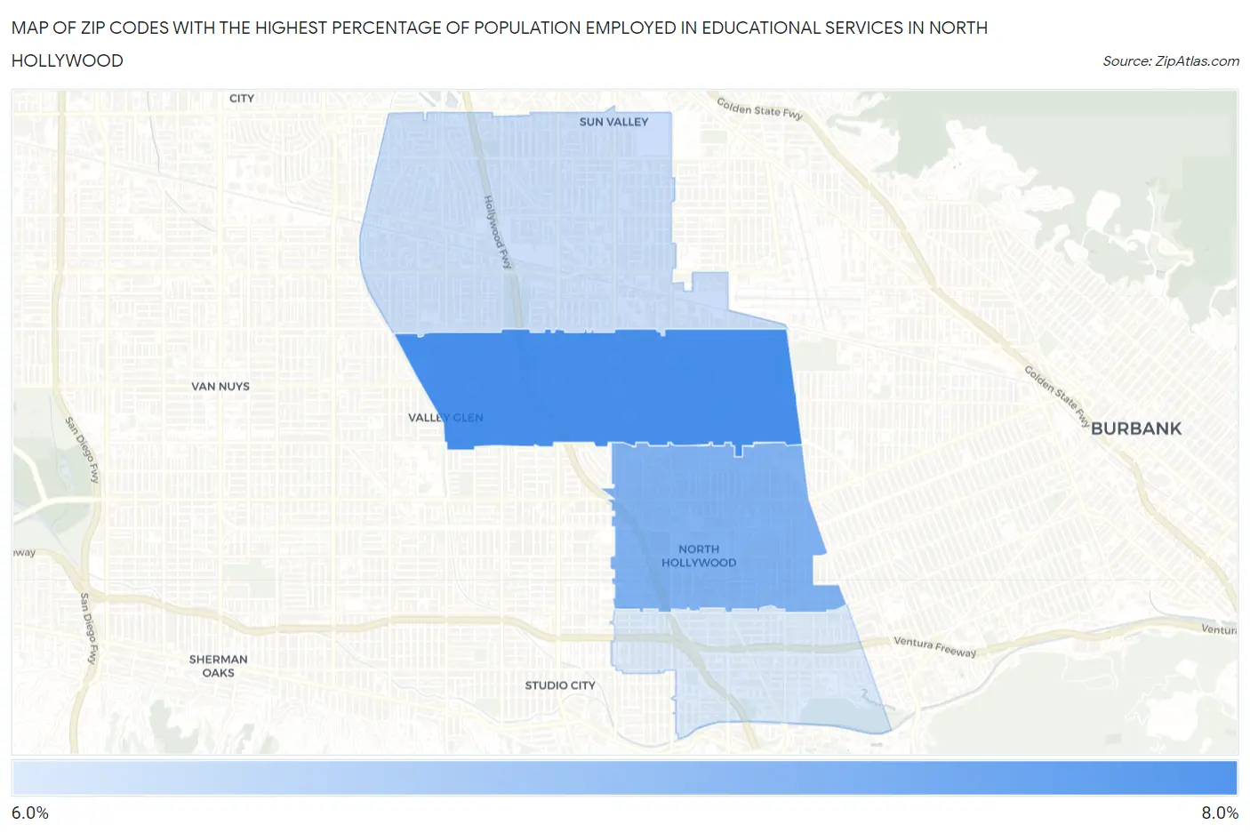 Zip Codes with the Highest Percentage of Population Employed in Educational Services in North Hollywood Map