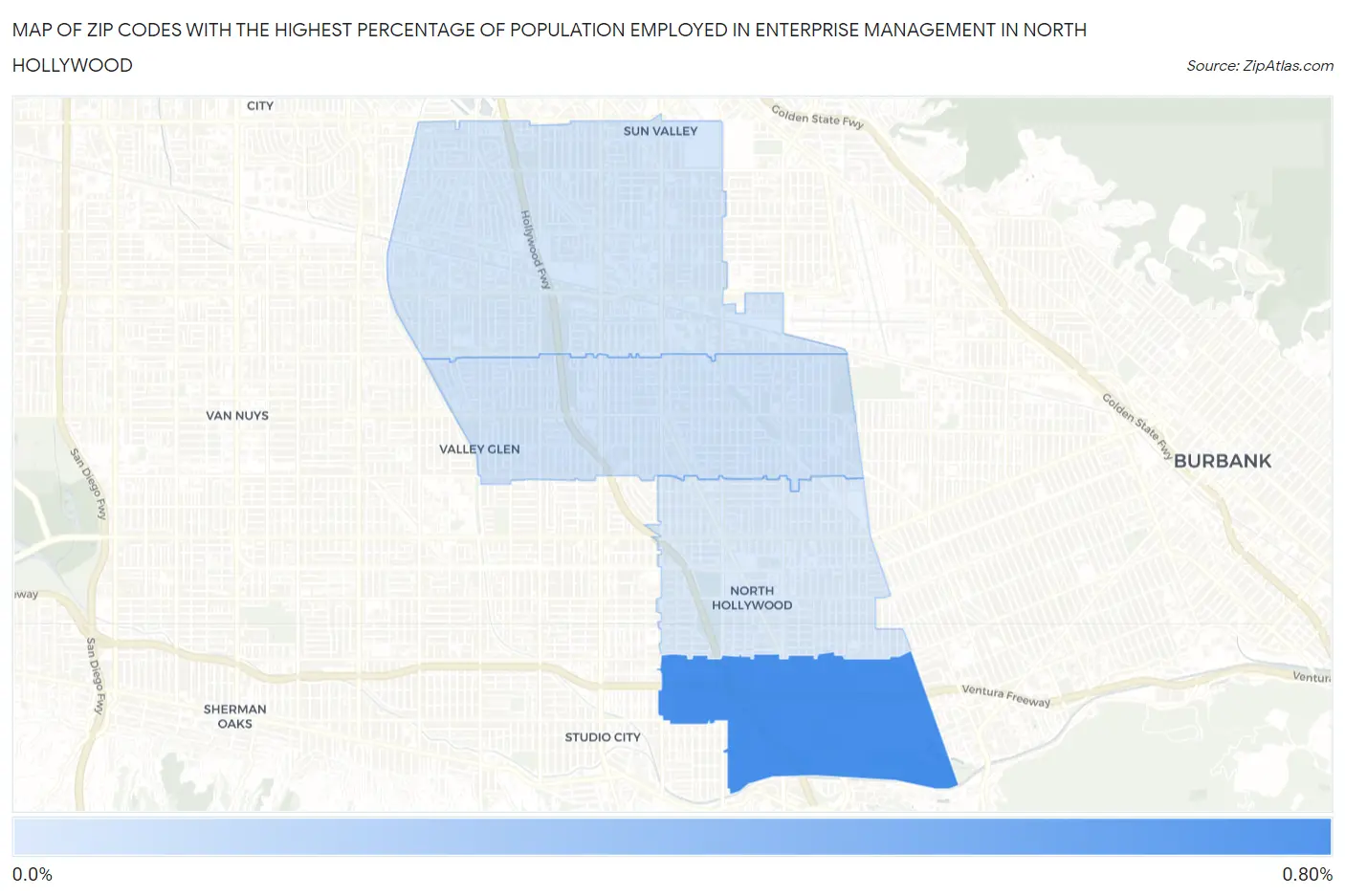 Zip Codes with the Highest Percentage of Population Employed in Enterprise Management in North Hollywood Map
