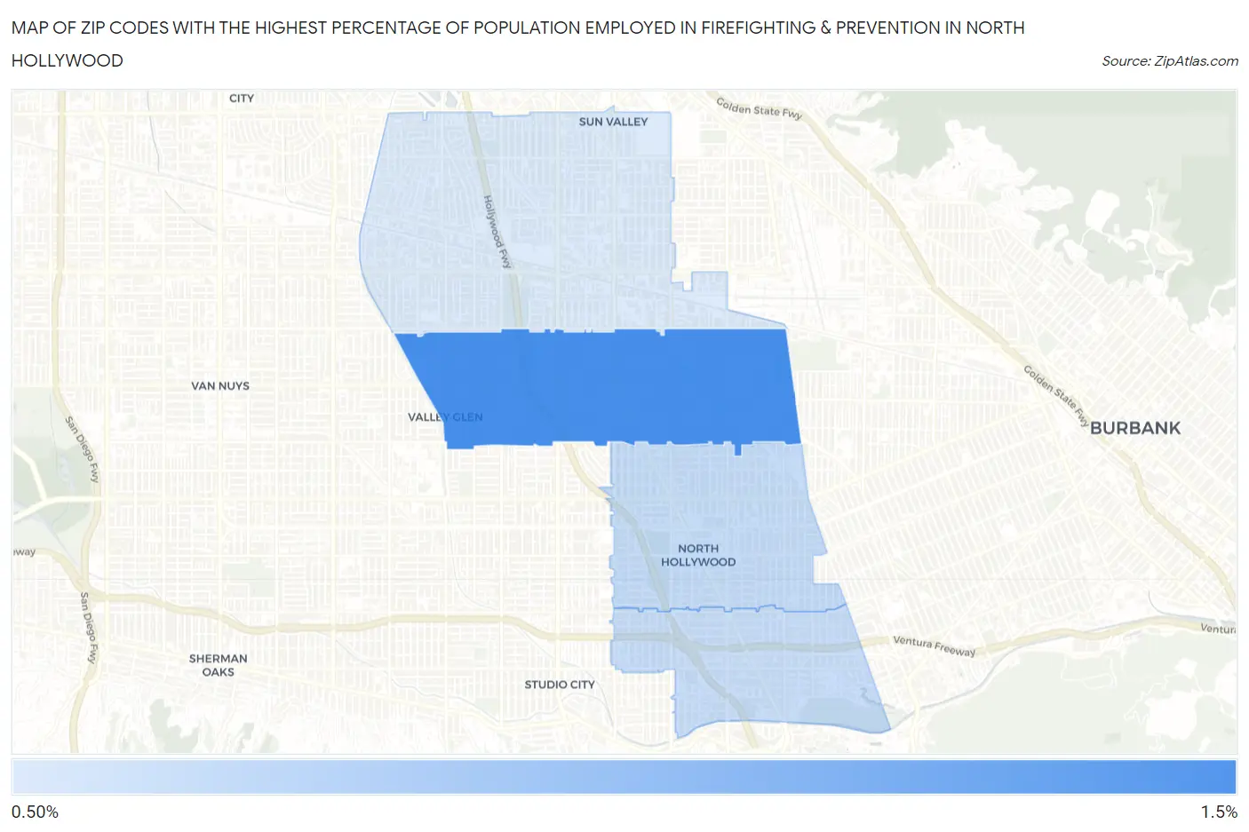 Zip Codes with the Highest Percentage of Population Employed in Firefighting & Prevention in North Hollywood Map