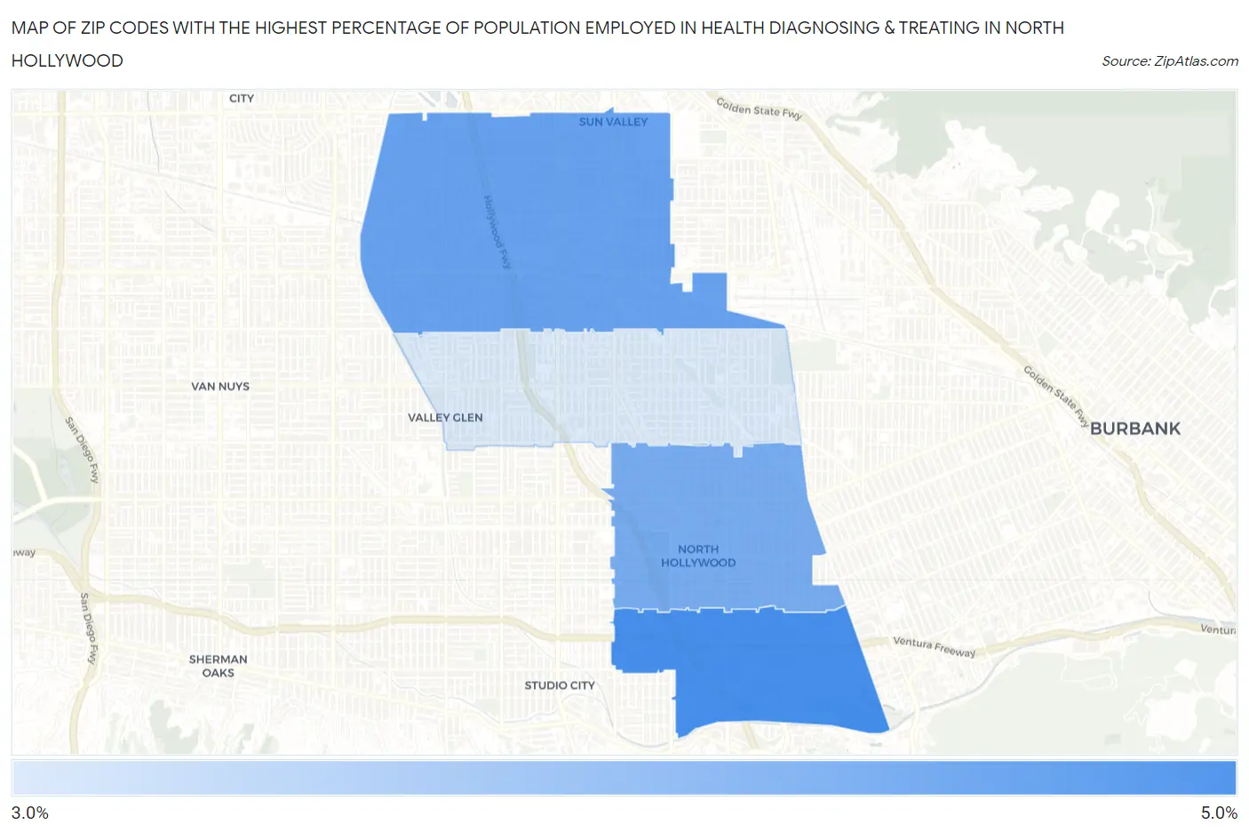Zip Codes with the Highest Percentage of Population Employed in Health Diagnosing & Treating in North Hollywood Map