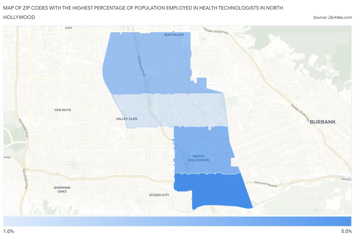 Zip Codes with the Highest Percentage of Population Employed in Health Technologists in North Hollywood Map