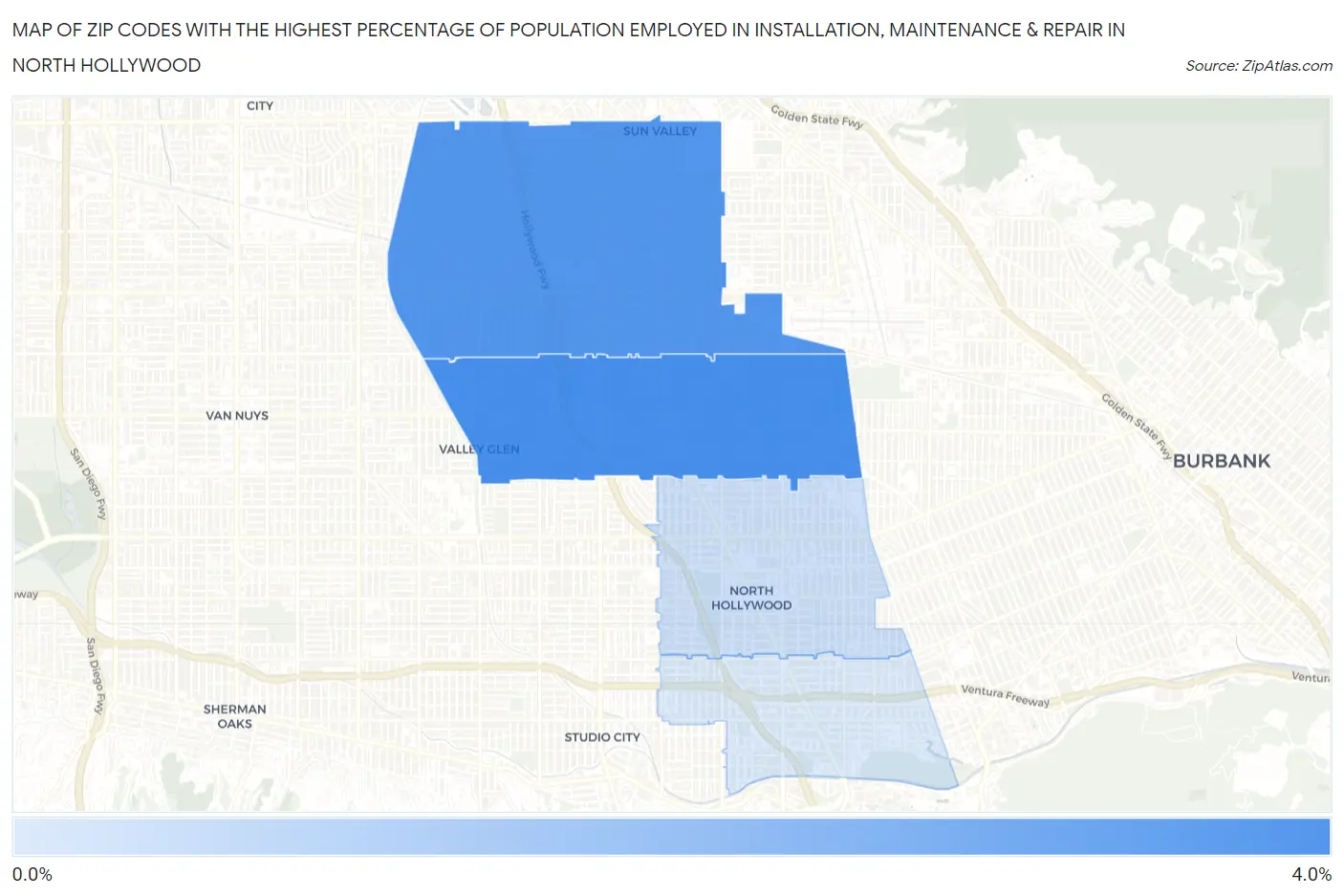 Zip Codes with the Highest Percentage of Population Employed in Installation, Maintenance & Repair in North Hollywood Map