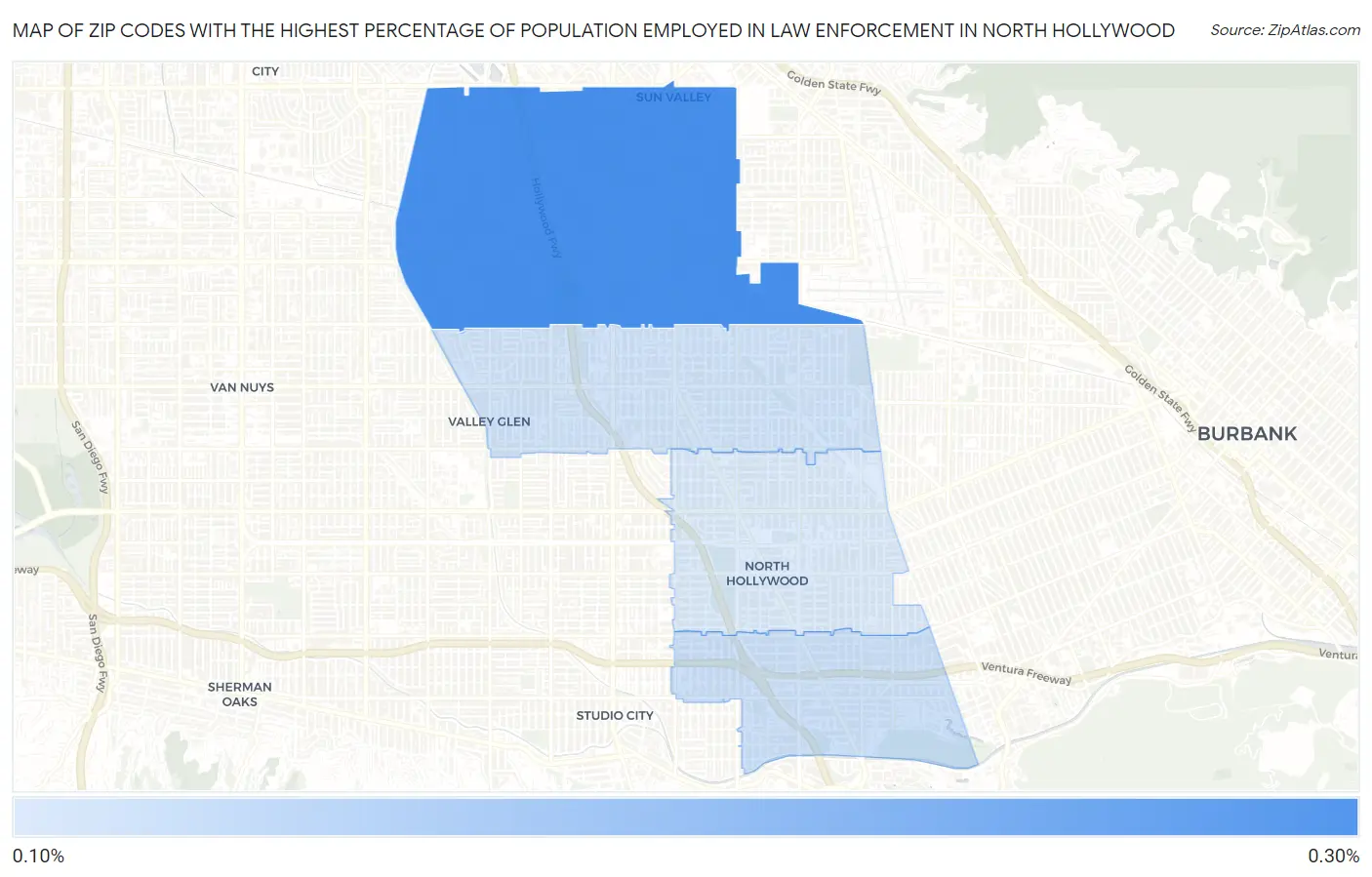 Zip Codes with the Highest Percentage of Population Employed in Law Enforcement in North Hollywood Map