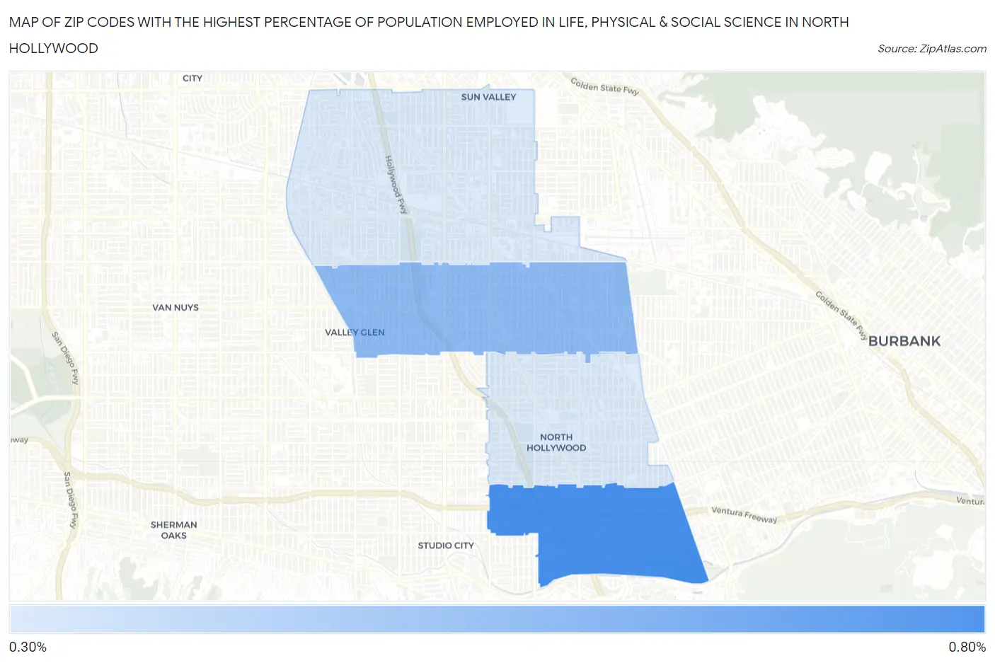 Zip Codes with the Highest Percentage of Population Employed in Life, Physical & Social Science in North Hollywood Map