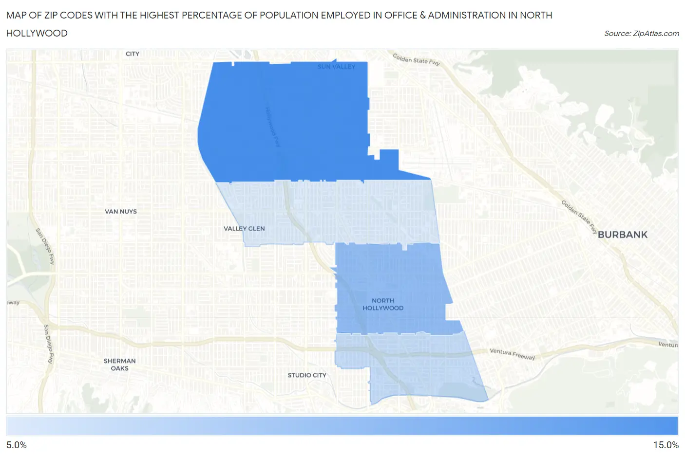 Zip Codes with the Highest Percentage of Population Employed in Office & Administration in North Hollywood Map