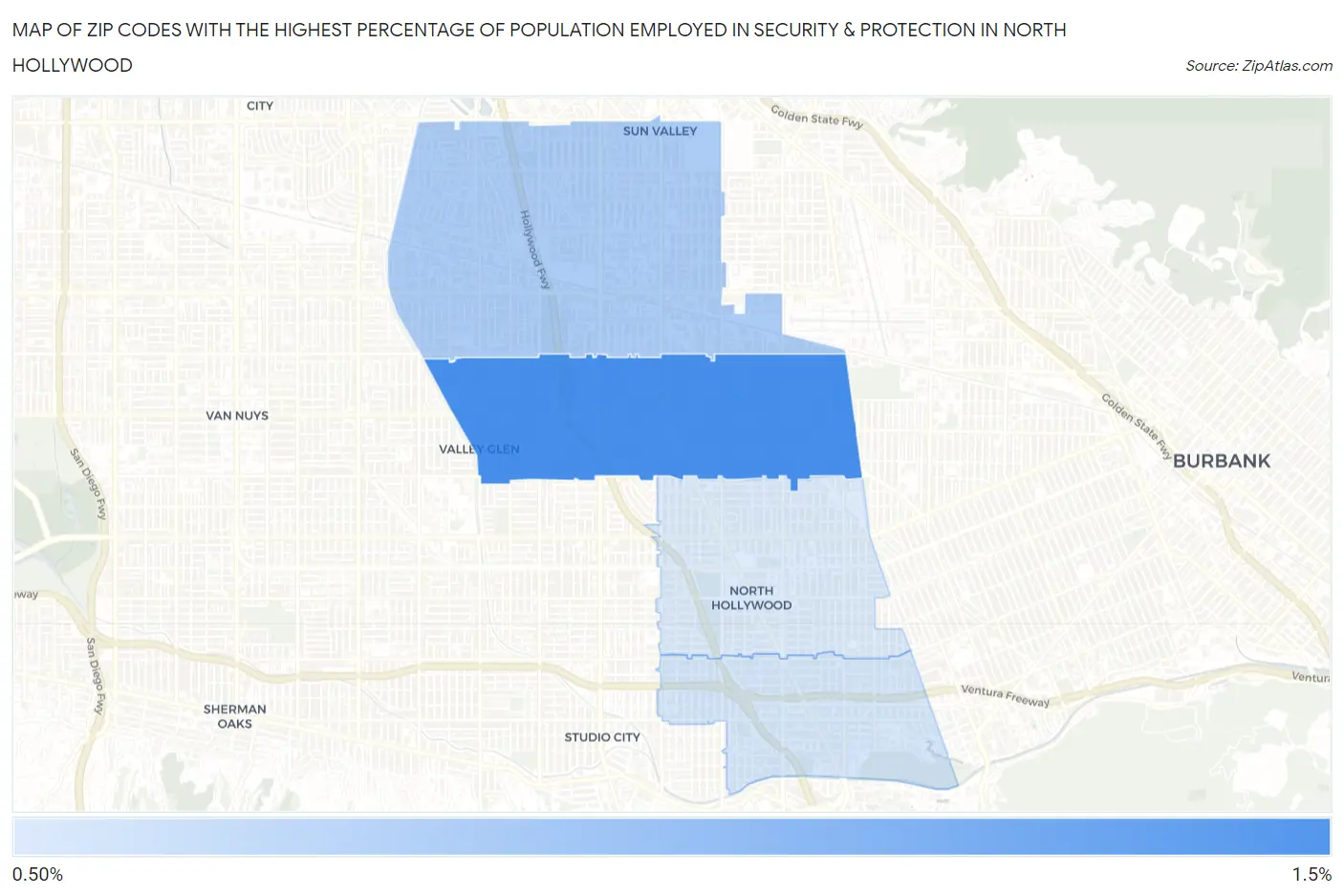 Zip Codes with the Highest Percentage of Population Employed in Security & Protection in North Hollywood Map