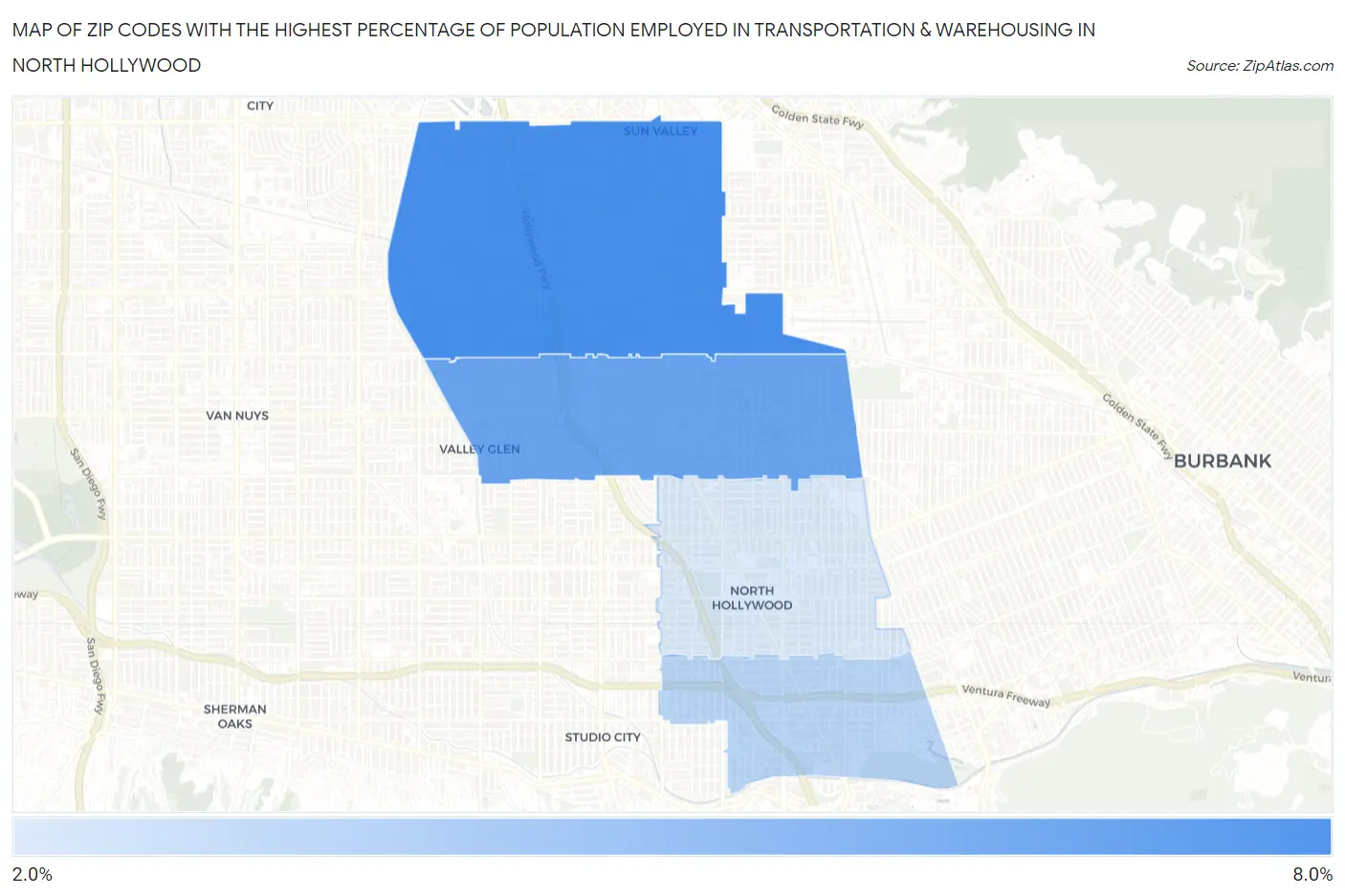 Zip Codes with the Highest Percentage of Population Employed in Transportation & Warehousing in North Hollywood Map