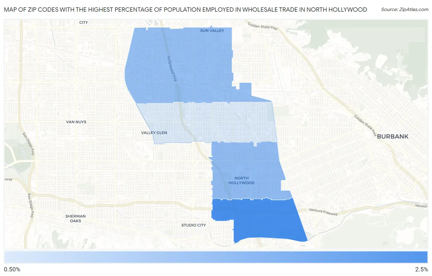 Zip Codes with the Highest Percentage of Population Employed in Wholesale Trade in North Hollywood Map