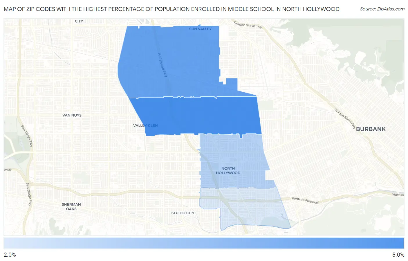Zip Codes with the Highest Percentage of Population Enrolled in Middle School in North Hollywood Map