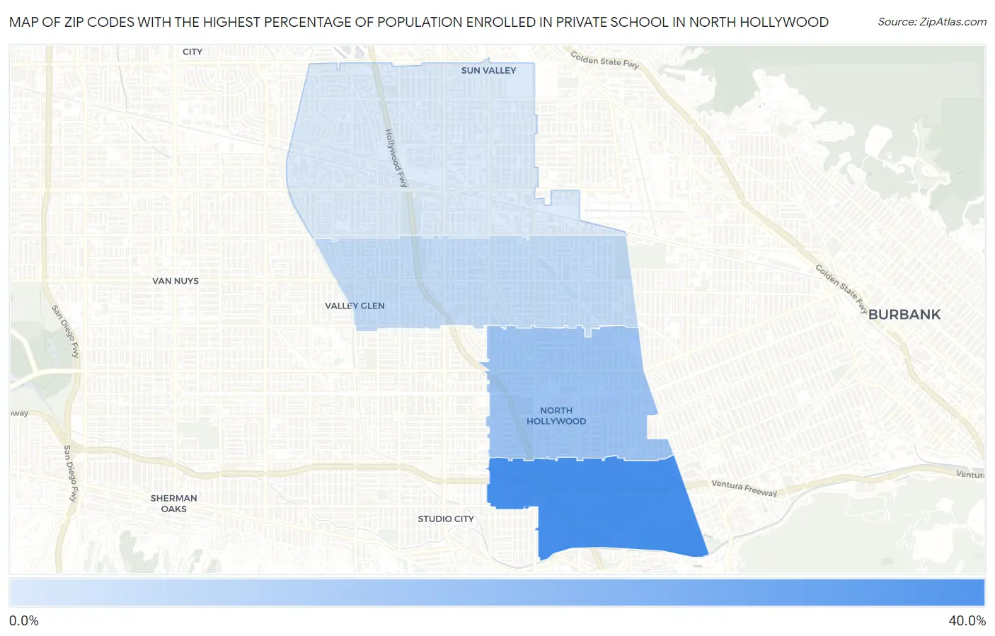 Zip Codes with the Highest Percentage of Population Enrolled in Private School in North Hollywood Map