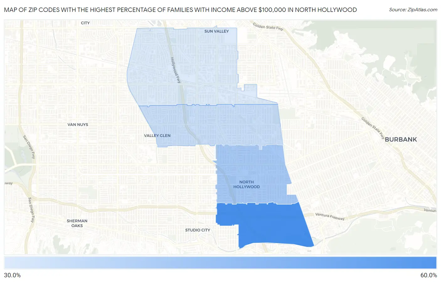 Zip Codes with the Highest Percentage of Families with Income Above $100,000 in North Hollywood Map