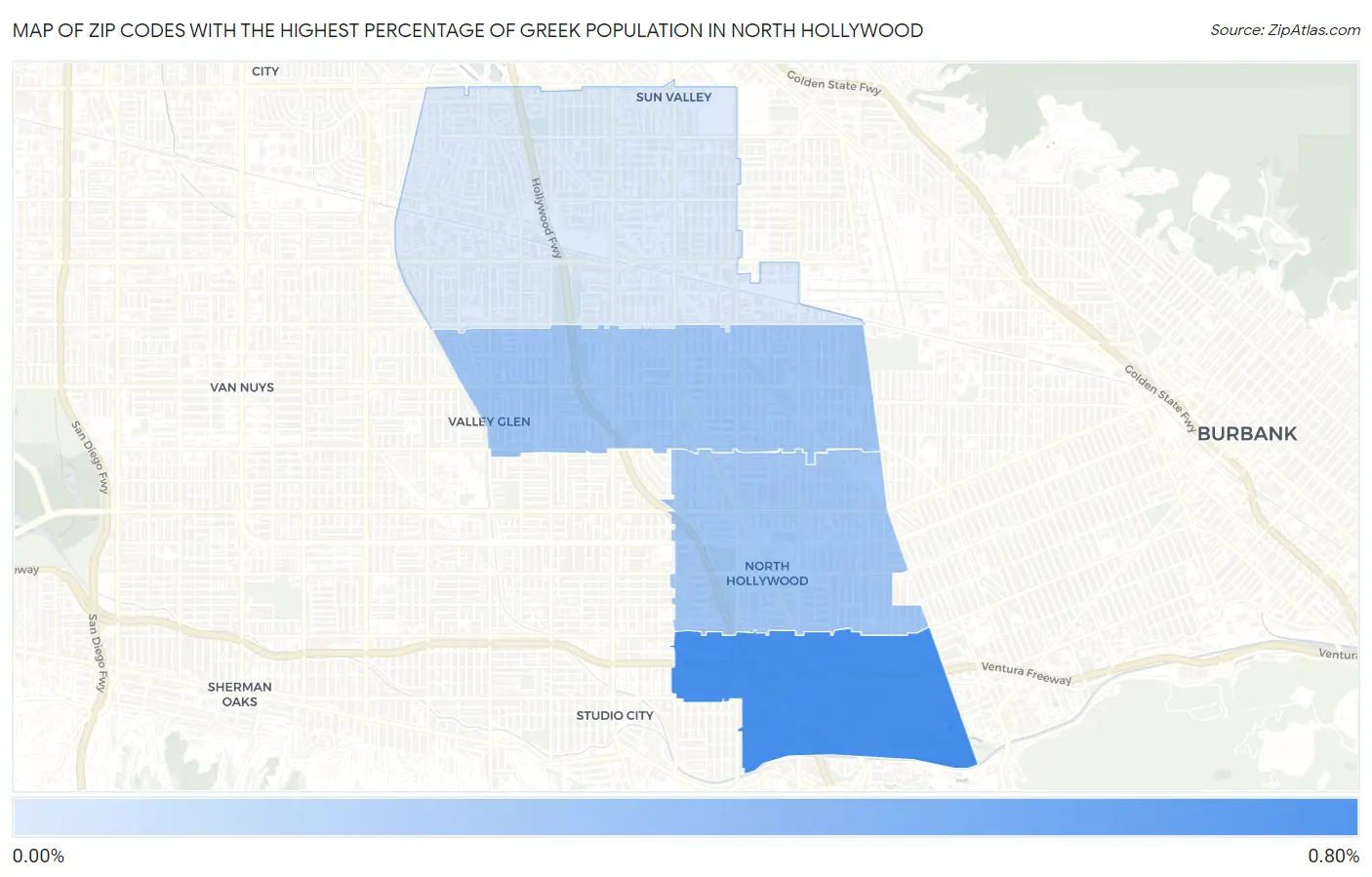 Zip Codes with the Highest Percentage of Greek Population in North Hollywood Map
