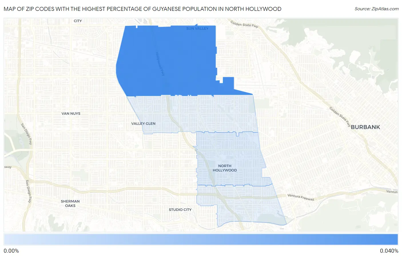 Zip Codes with the Highest Percentage of Guyanese Population in North Hollywood Map