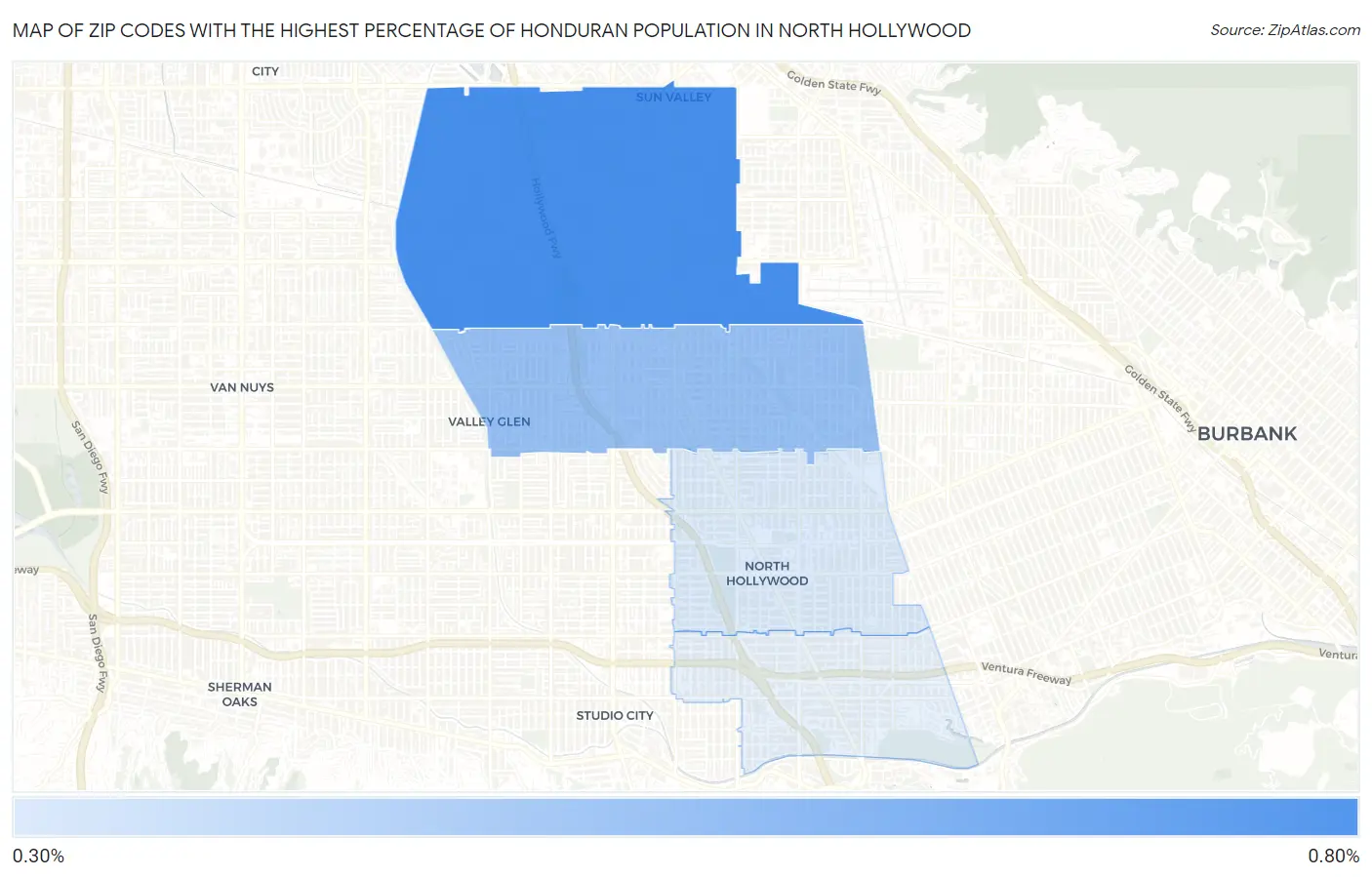 Zip Codes with the Highest Percentage of Honduran Population in North Hollywood Map