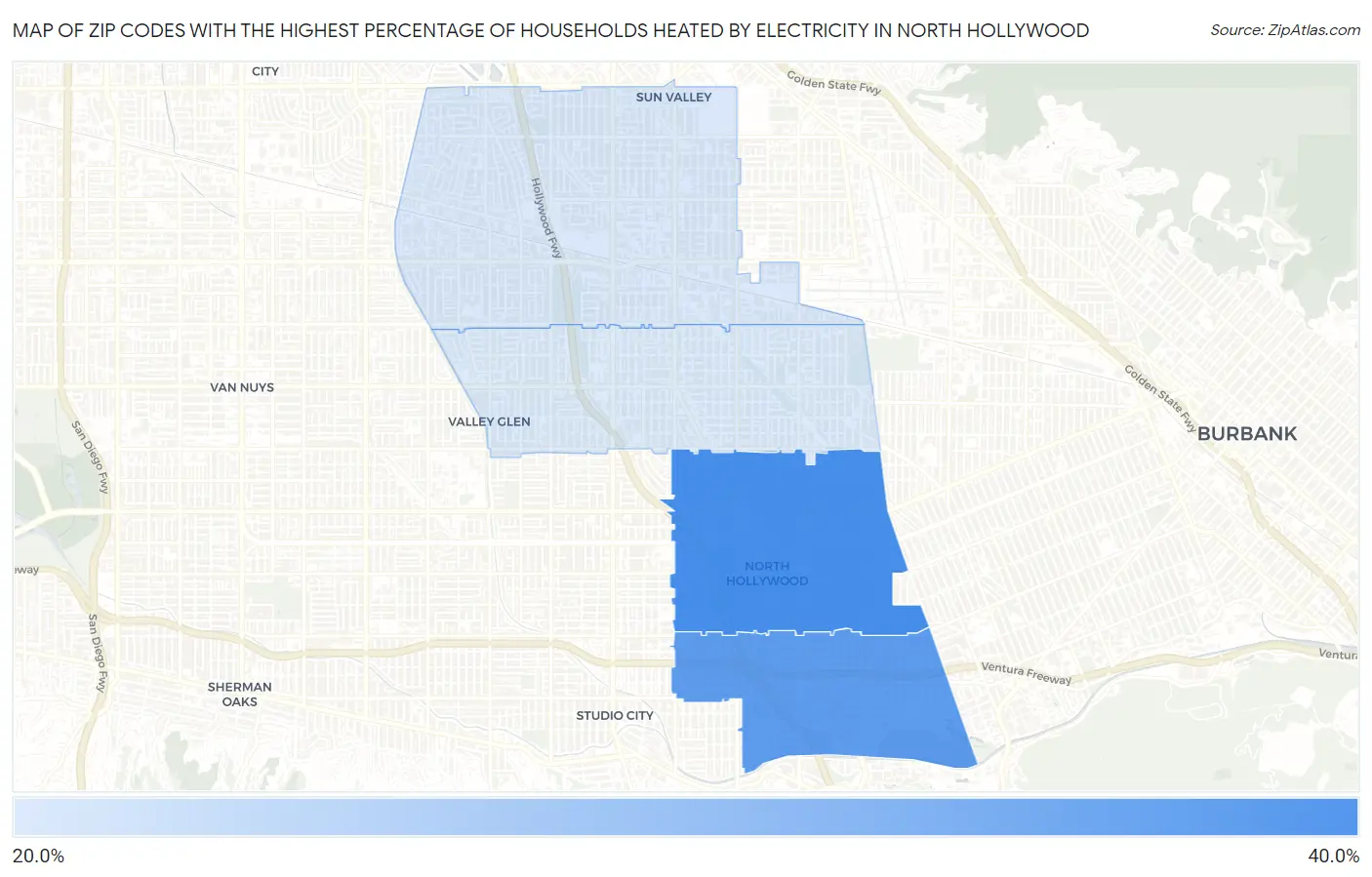 Zip Codes with the Highest Percentage of Households Heated by Electricity in North Hollywood Map