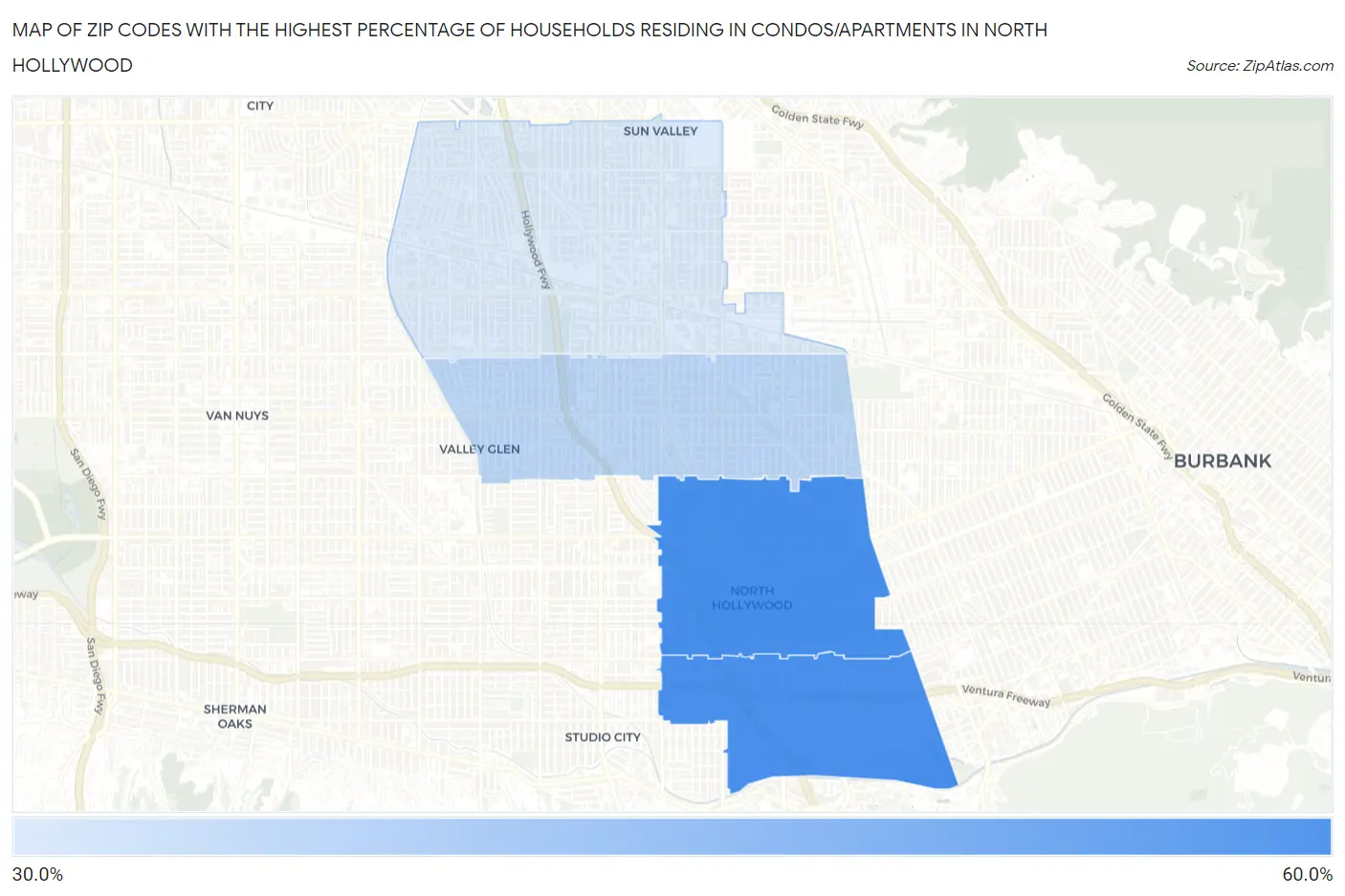 Zip Codes with the Highest Percentage of Households Residing in Condos/Apartments in North Hollywood Map