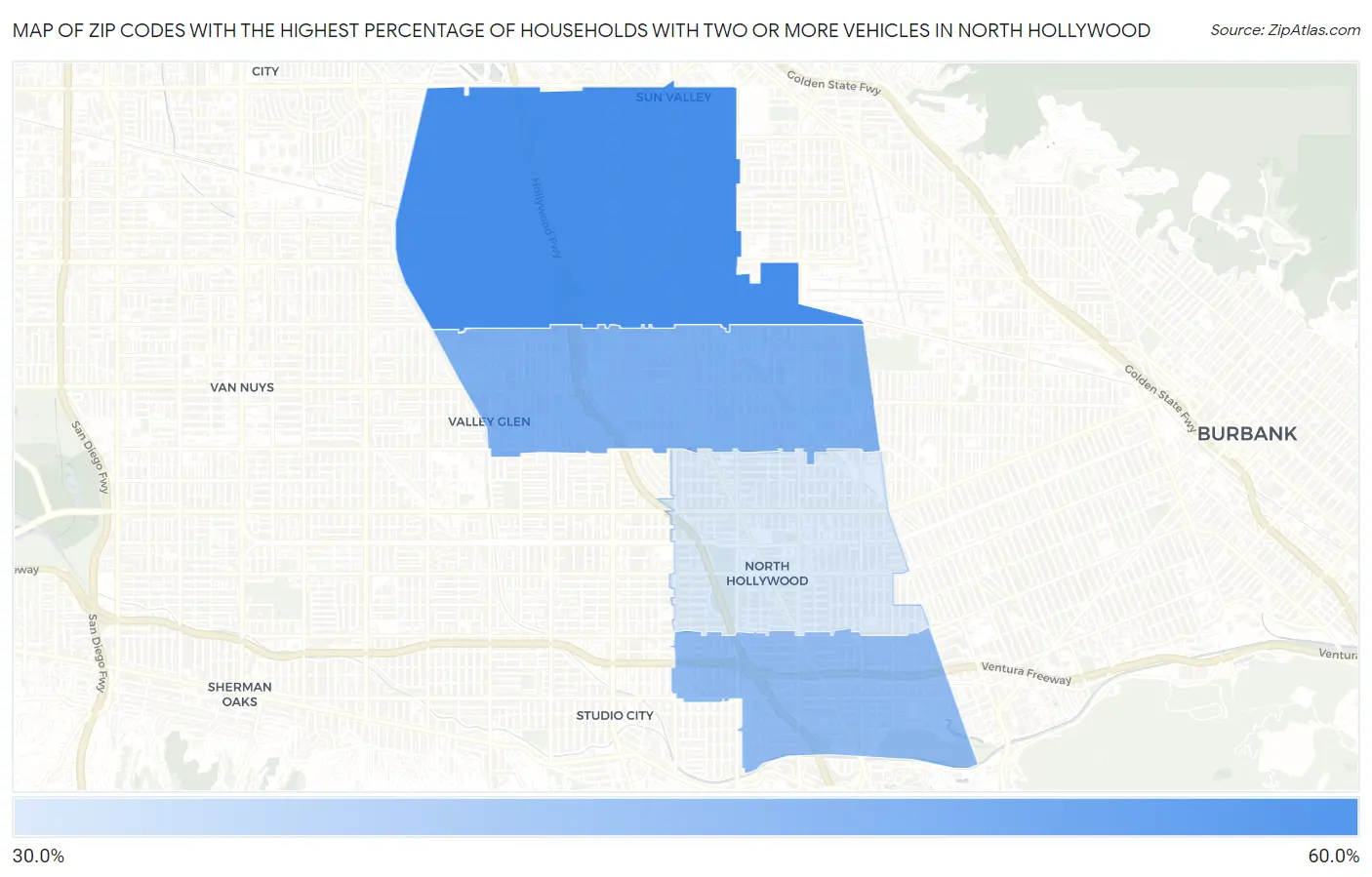 Zip Codes with the Highest Percentage of Households With Two or more Vehicles in North Hollywood Map