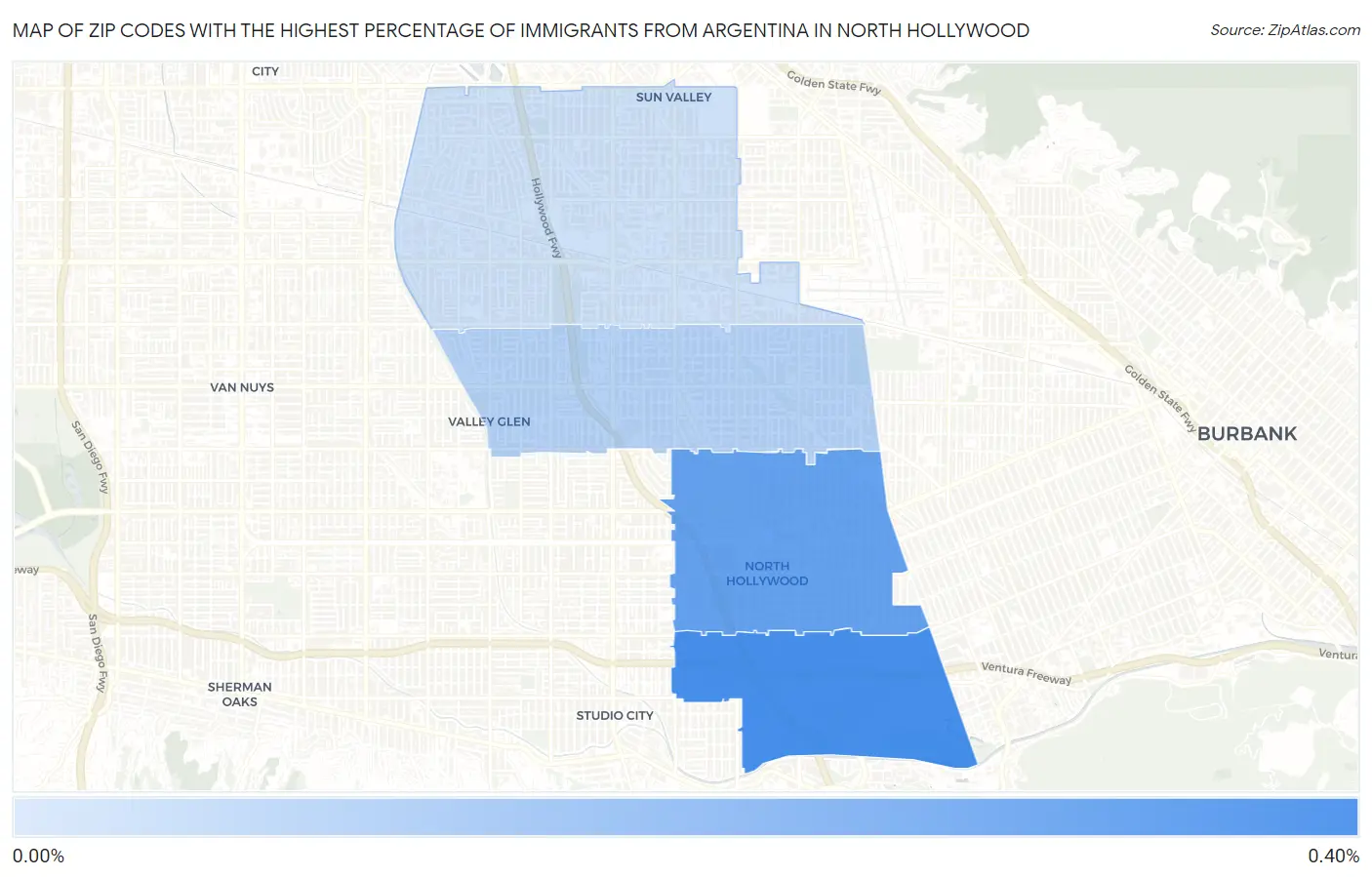 Zip Codes with the Highest Percentage of Immigrants from Argentina in North Hollywood Map