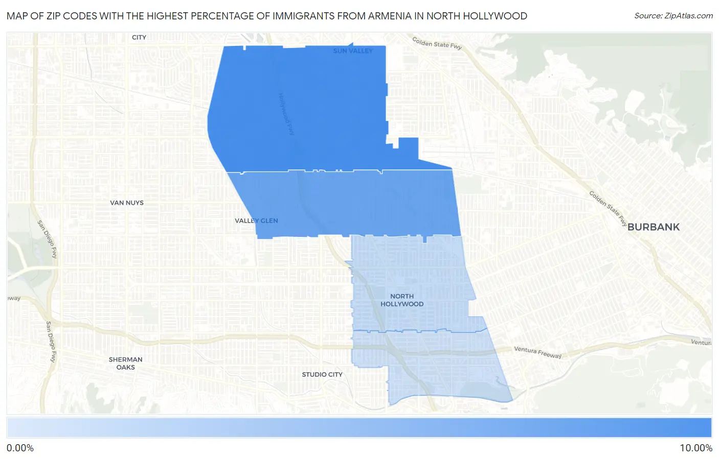 Zip Codes with the Highest Percentage of Immigrants from Armenia in North Hollywood Map