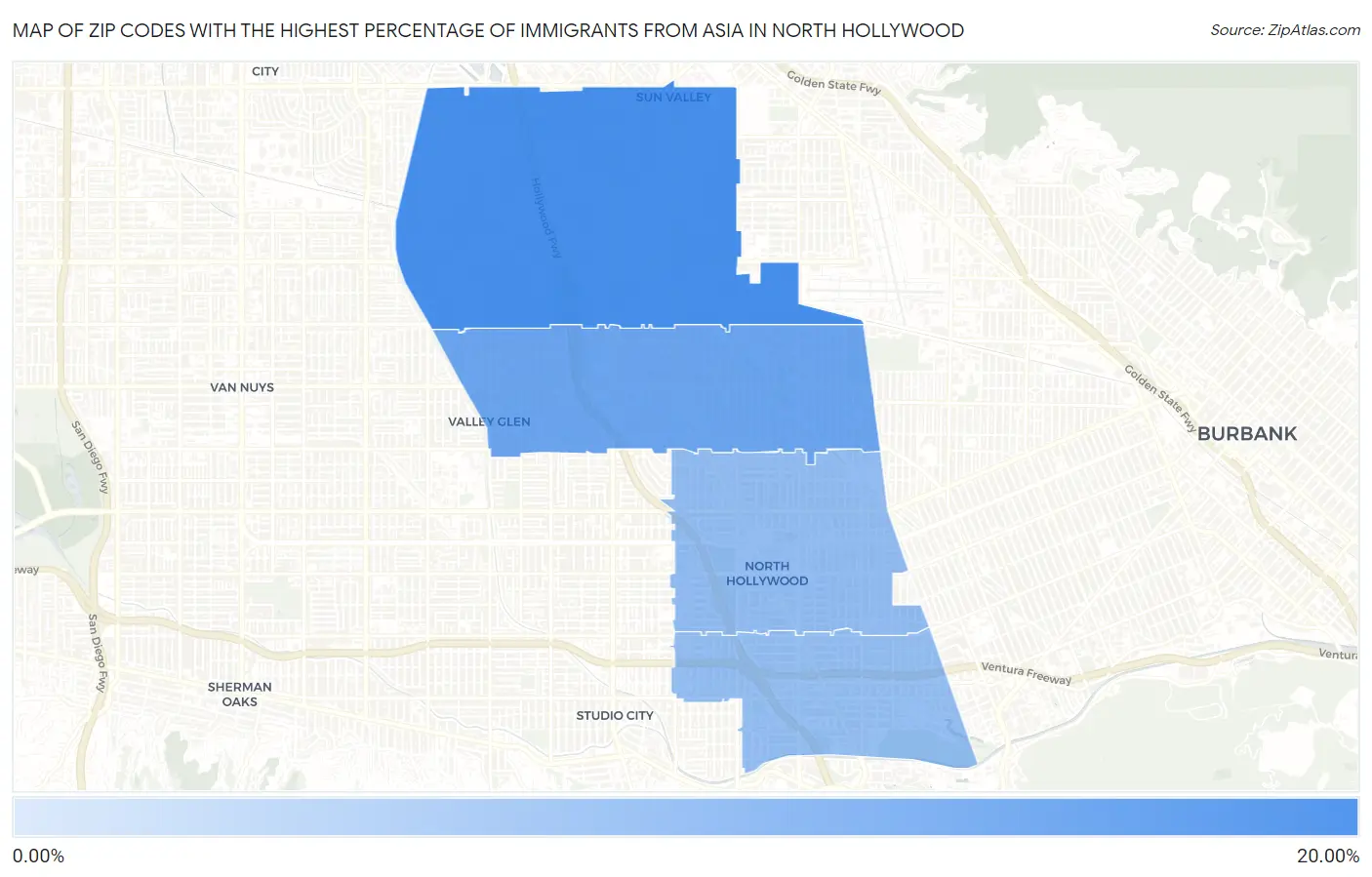 Zip Codes with the Highest Percentage of Immigrants from Asia in North Hollywood Map