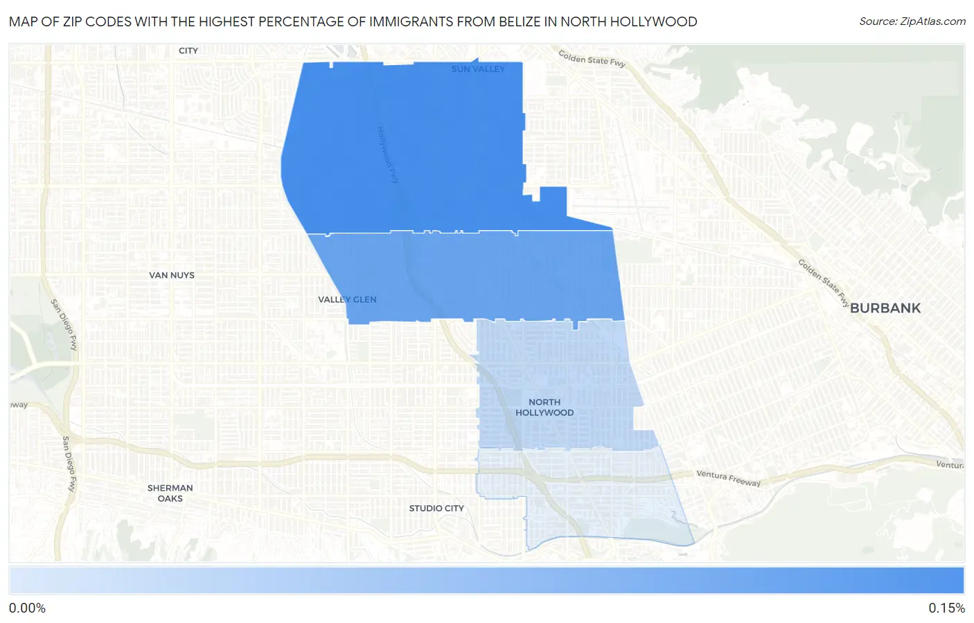 Zip Codes with the Highest Percentage of Immigrants from Belize in North Hollywood Map