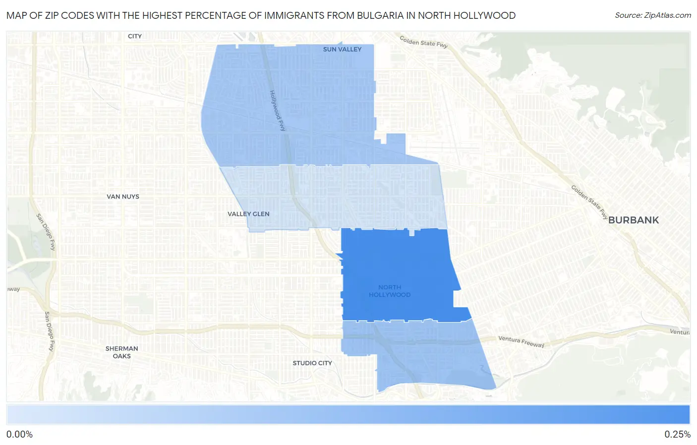 Zip Codes with the Highest Percentage of Immigrants from Bulgaria in North Hollywood Map