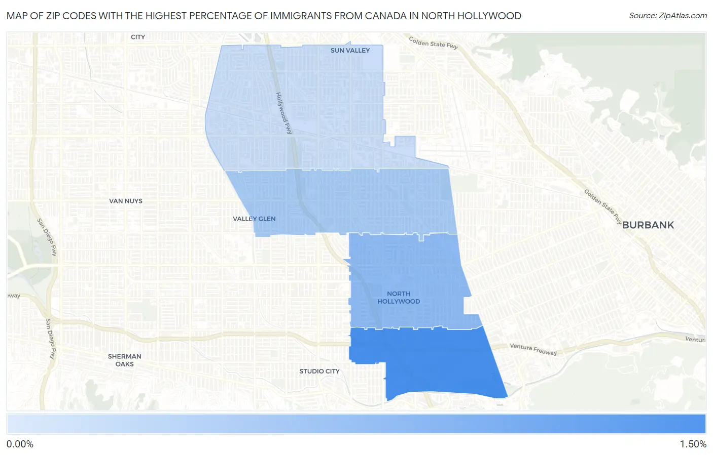 Zip Codes with the Highest Percentage of Immigrants from Canada in North Hollywood Map