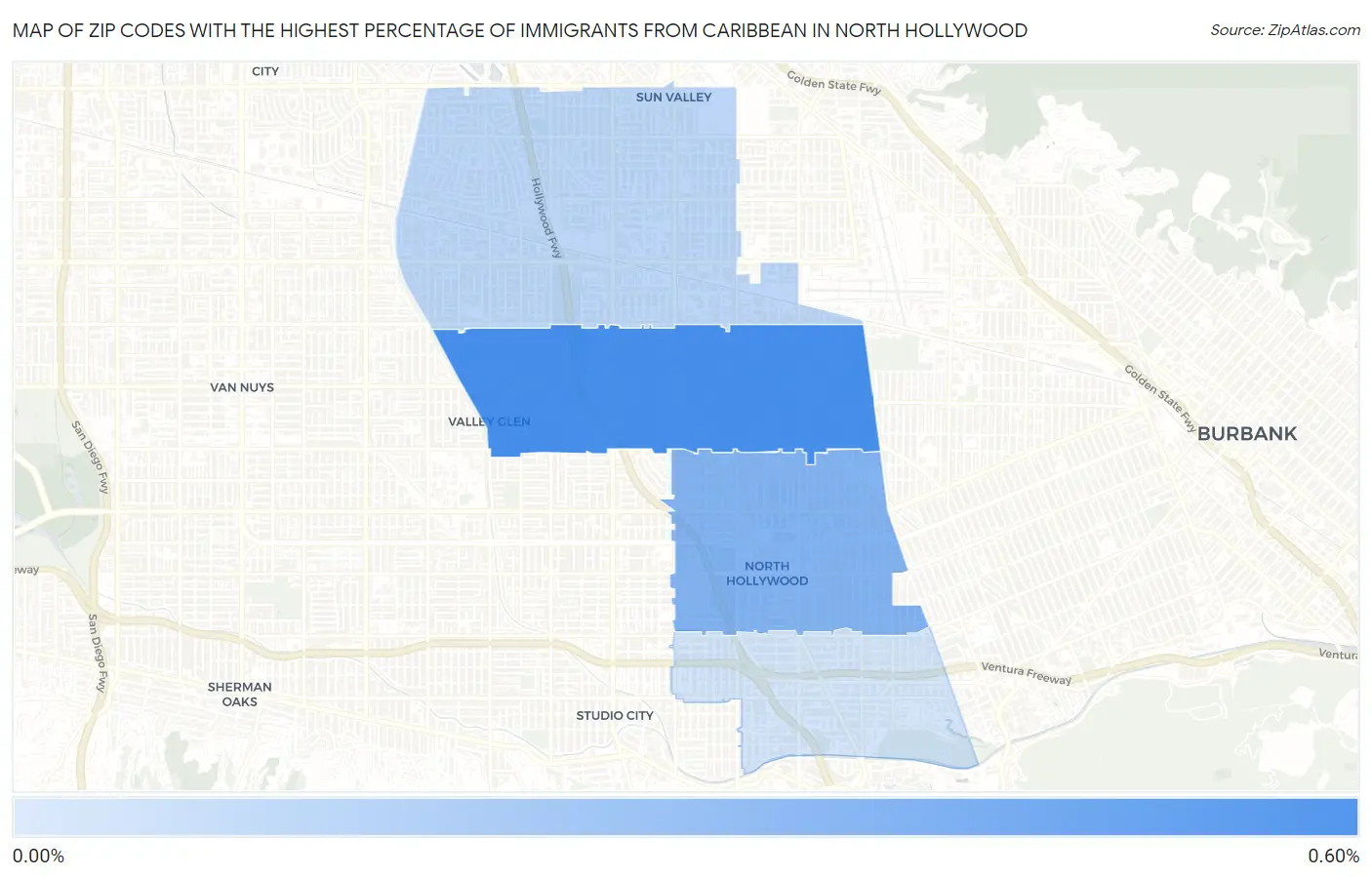 Zip Codes with the Highest Percentage of Immigrants from Caribbean in North Hollywood Map