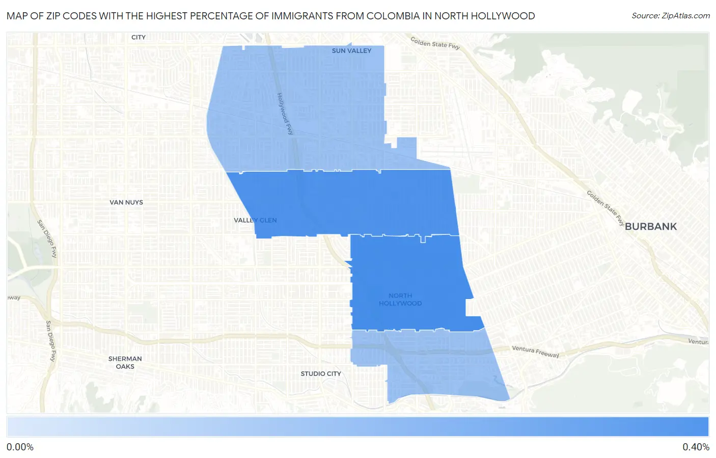 Zip Codes with the Highest Percentage of Immigrants from Colombia in North Hollywood Map