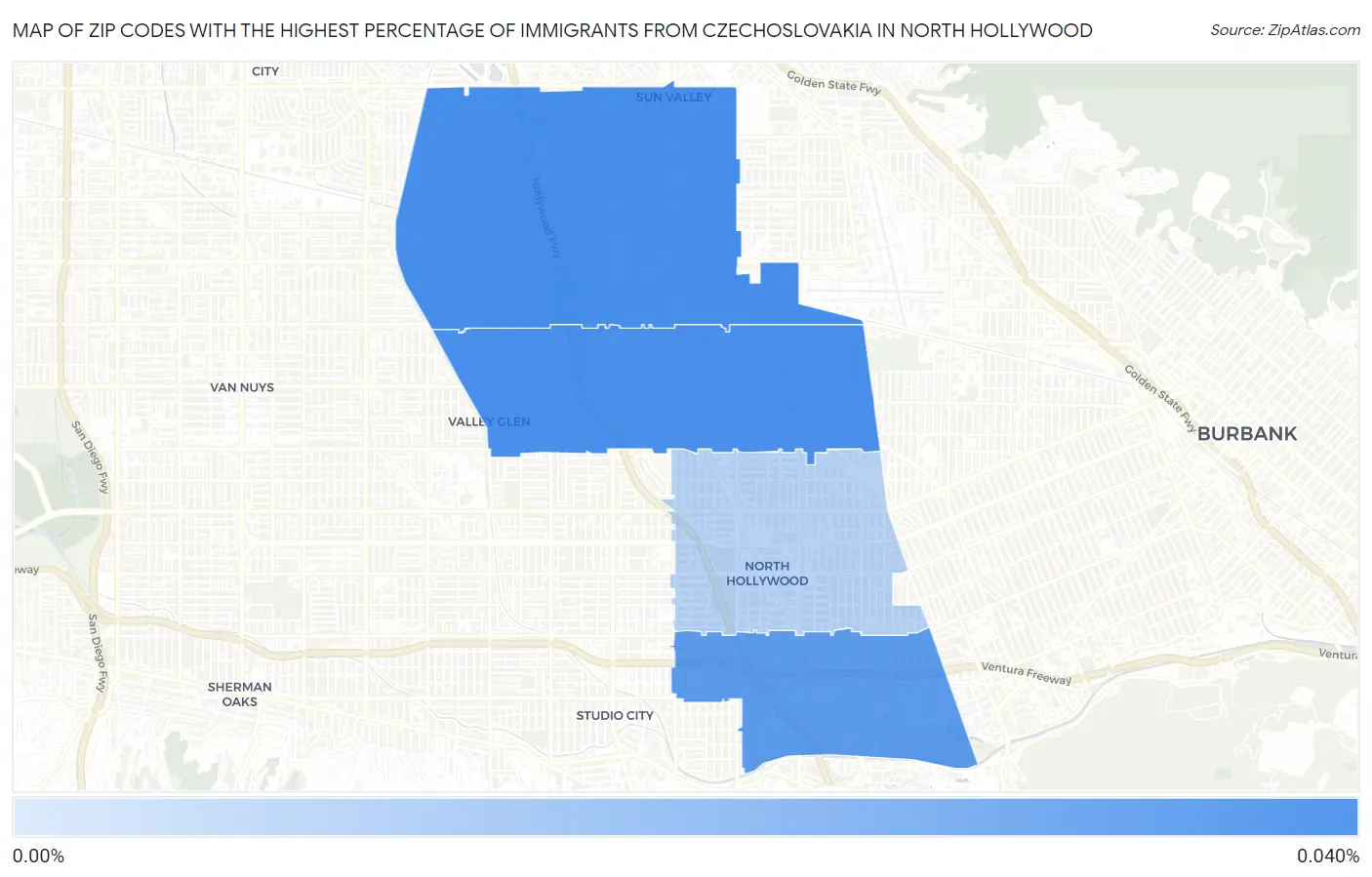 Zip Codes with the Highest Percentage of Immigrants from Czechoslovakia in North Hollywood Map