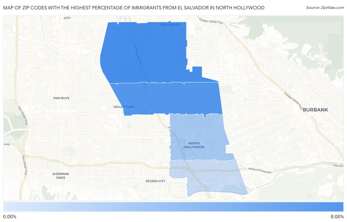 Zip Codes with the Highest Percentage of Immigrants from El Salvador in North Hollywood Map