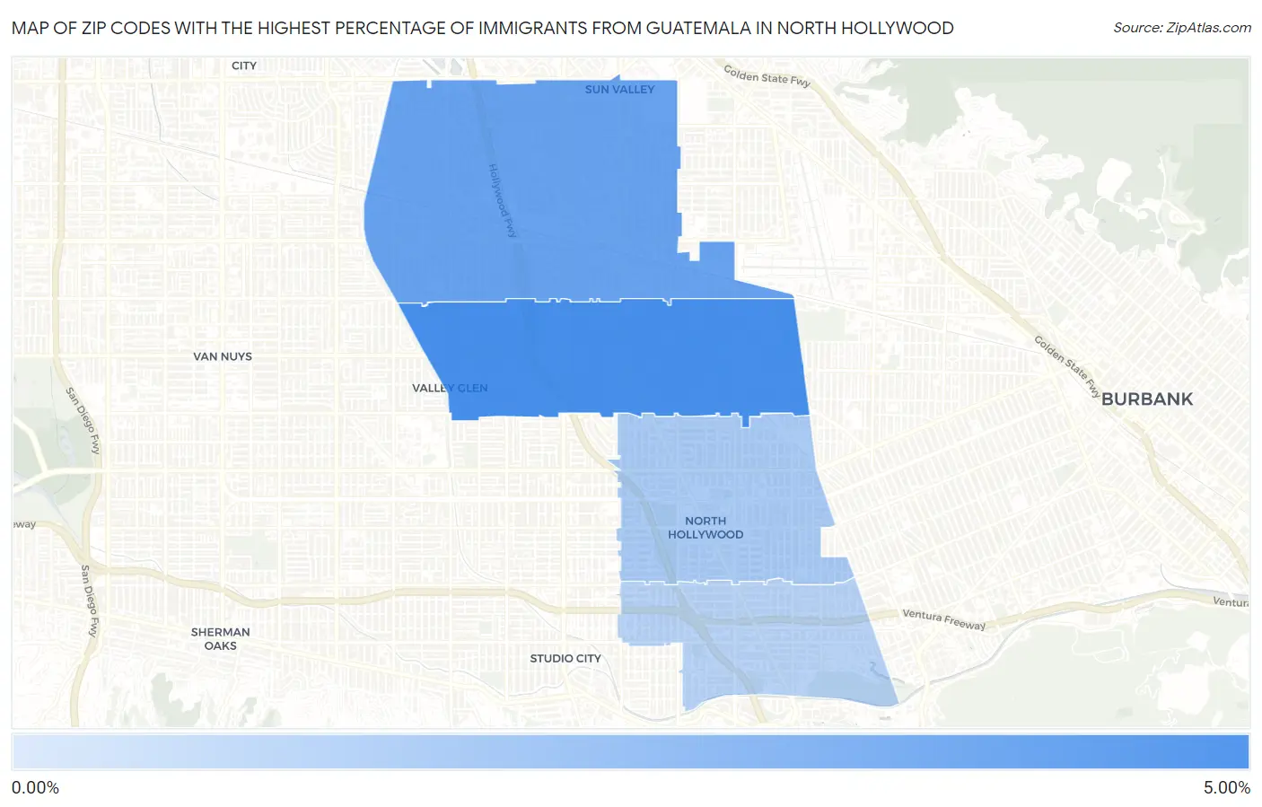 Zip Codes with the Highest Percentage of Immigrants from Guatemala in North Hollywood Map