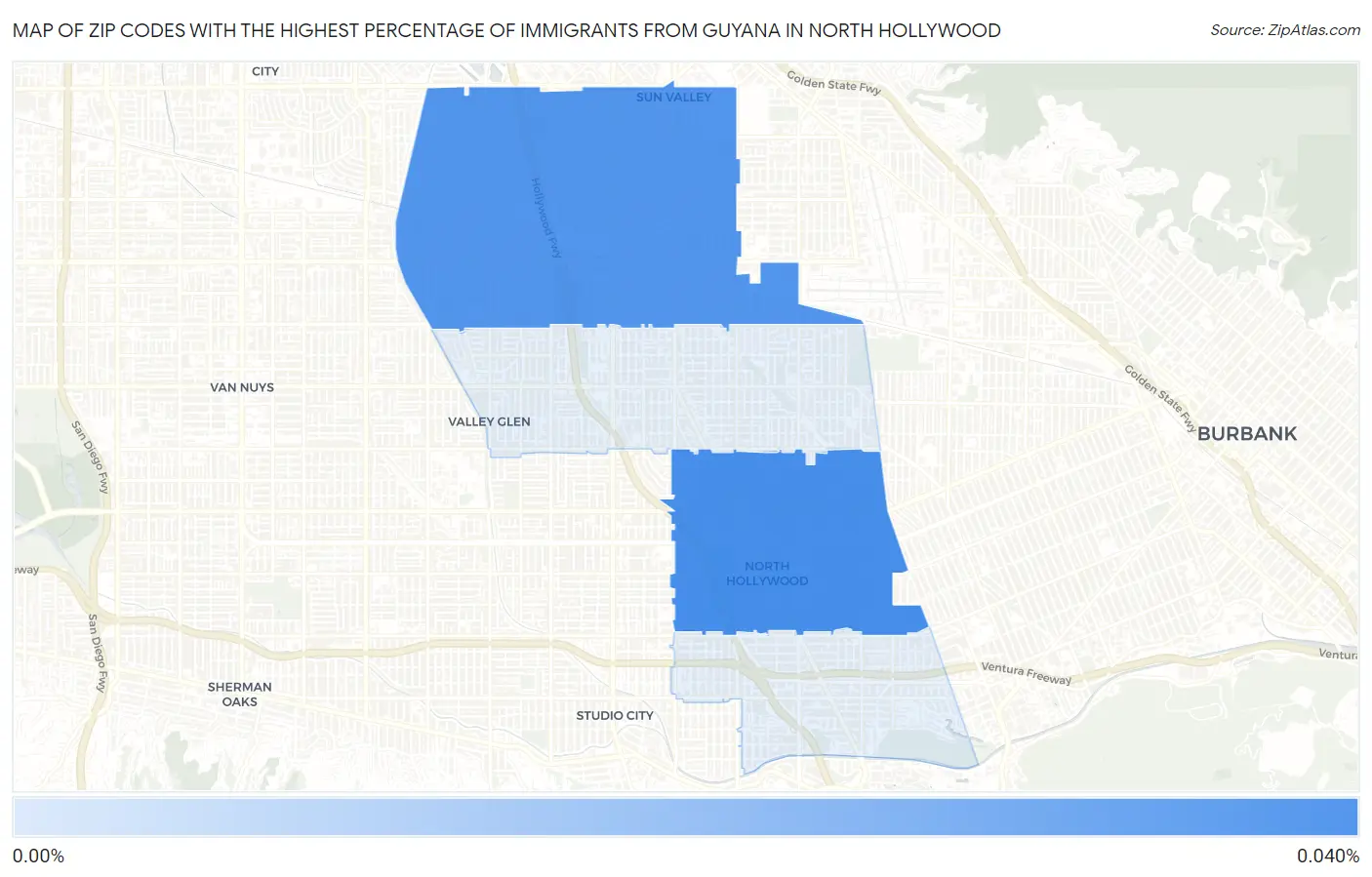 Zip Codes with the Highest Percentage of Immigrants from Guyana in North Hollywood Map