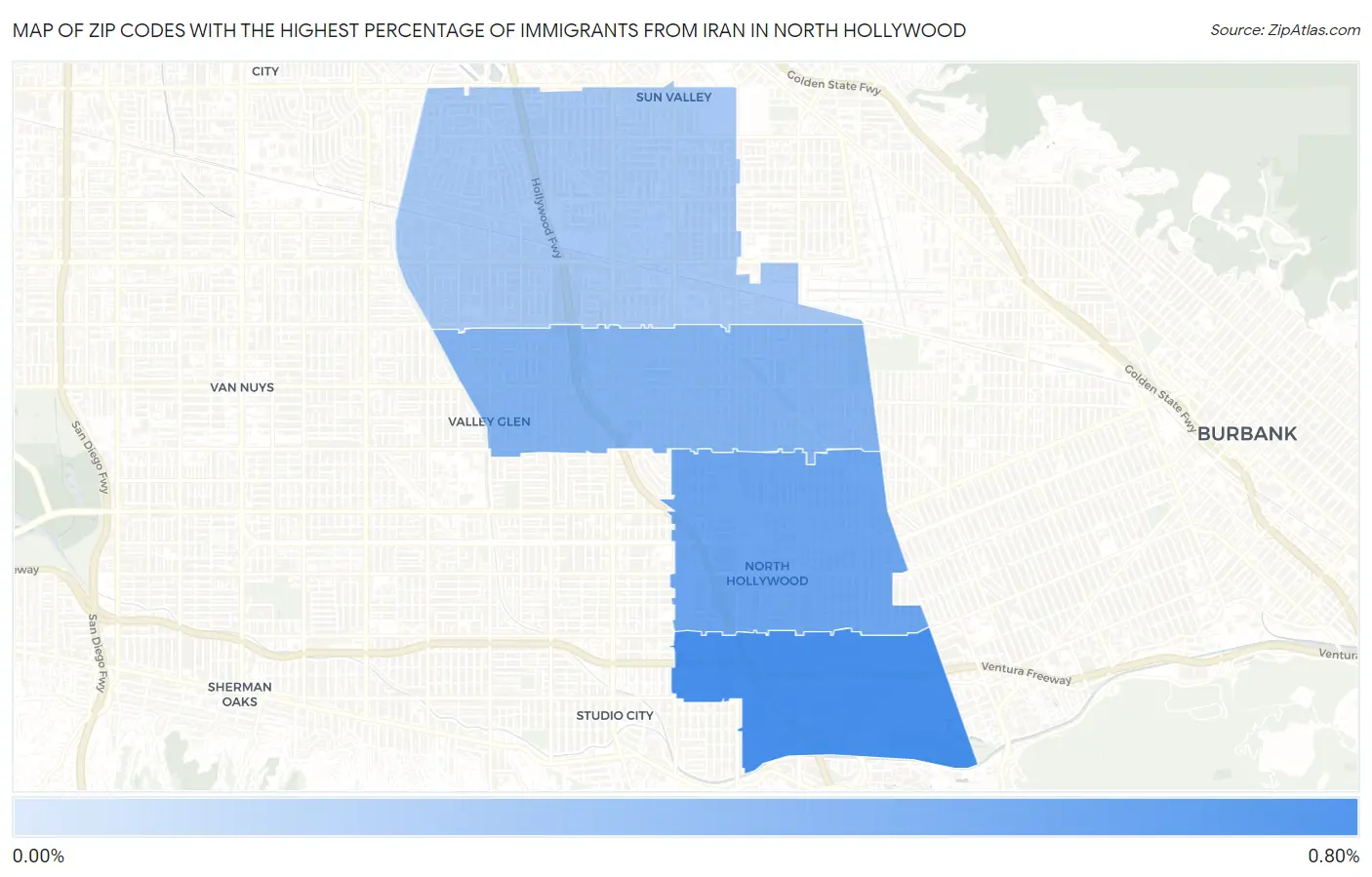 Zip Codes with the Highest Percentage of Immigrants from Iran in North Hollywood Map