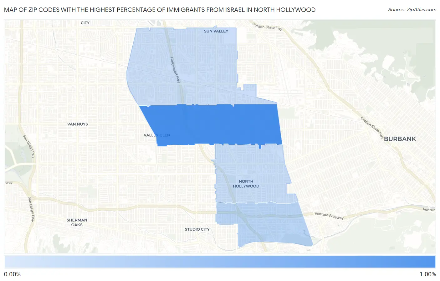 Zip Codes with the Highest Percentage of Immigrants from Israel in North Hollywood Map