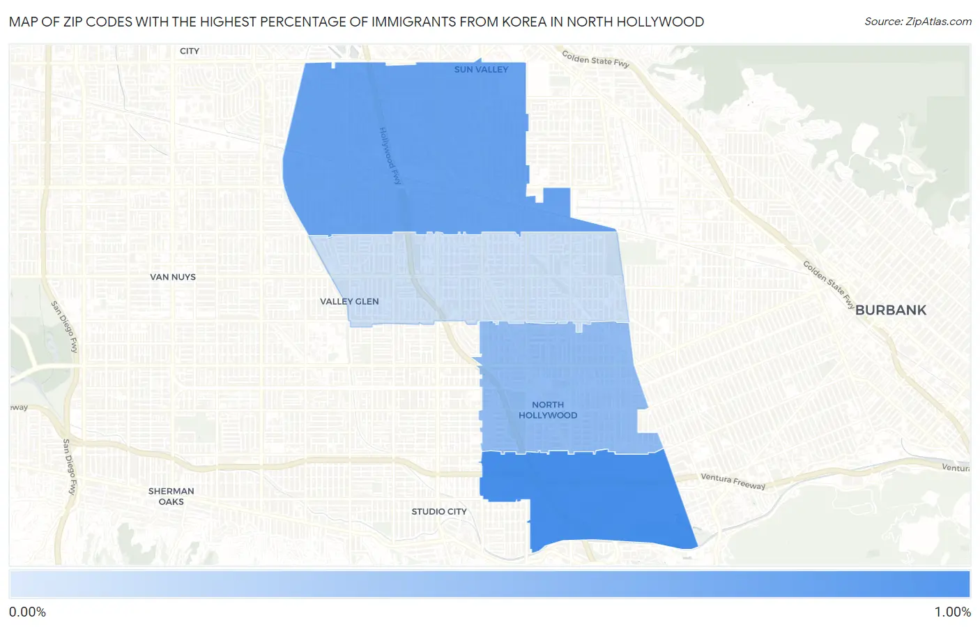 Zip Codes with the Highest Percentage of Immigrants from Korea in North Hollywood Map
