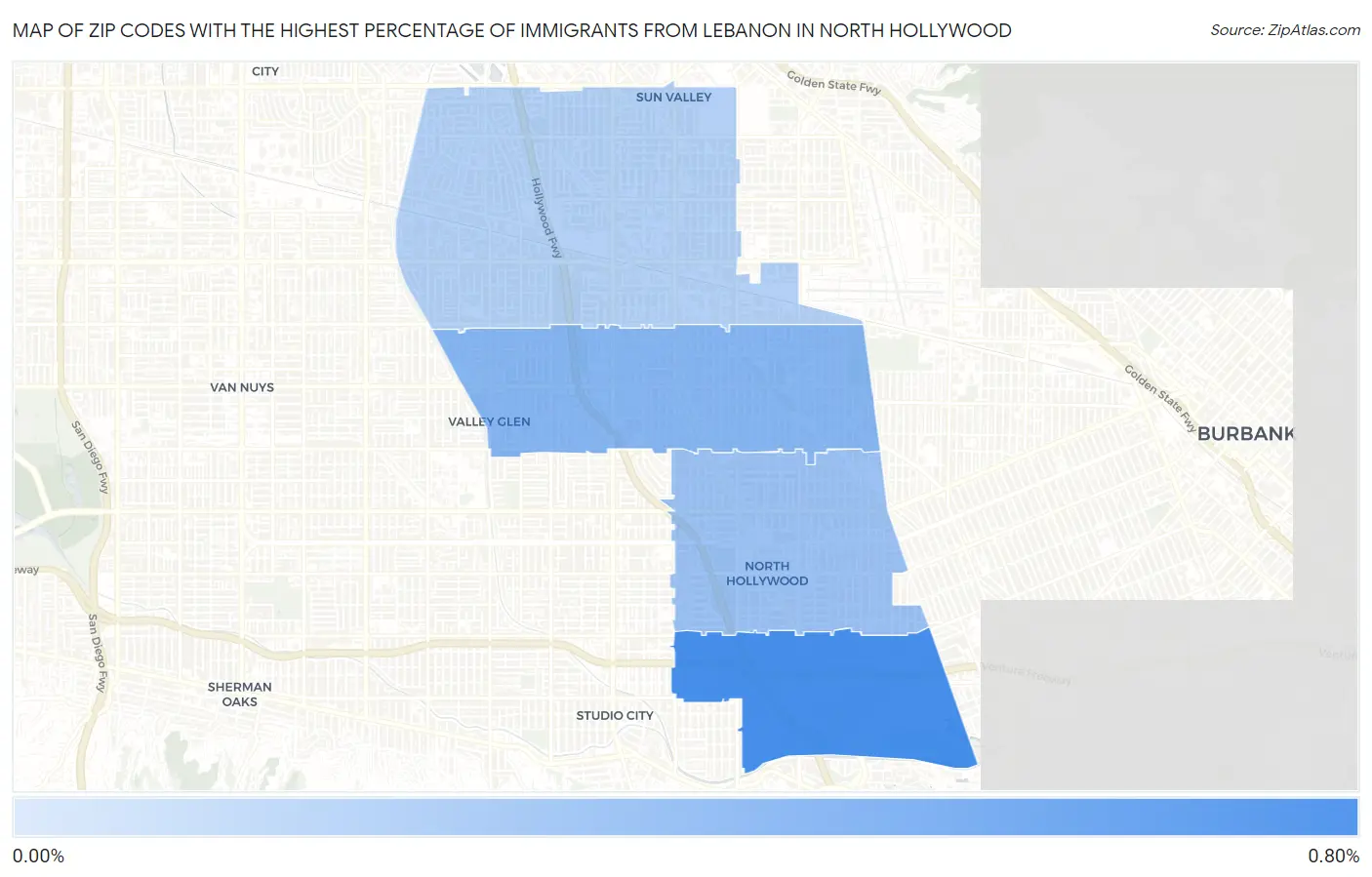Zip Codes with the Highest Percentage of Immigrants from Lebanon in North Hollywood Map