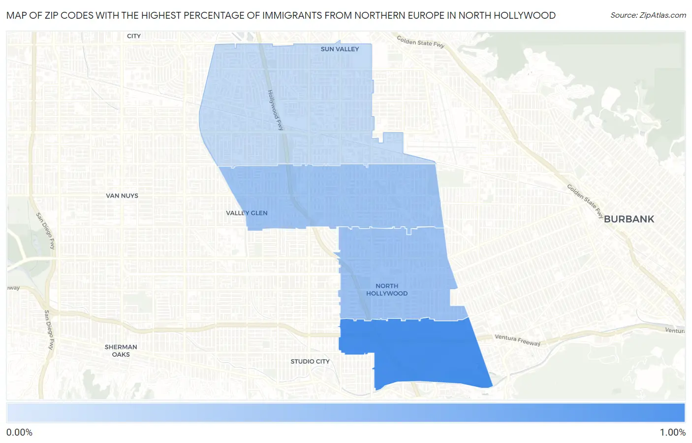 Zip Codes with the Highest Percentage of Immigrants from Northern Europe in North Hollywood Map