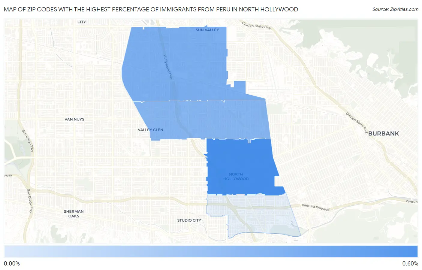 Zip Codes with the Highest Percentage of Immigrants from Peru in North Hollywood Map