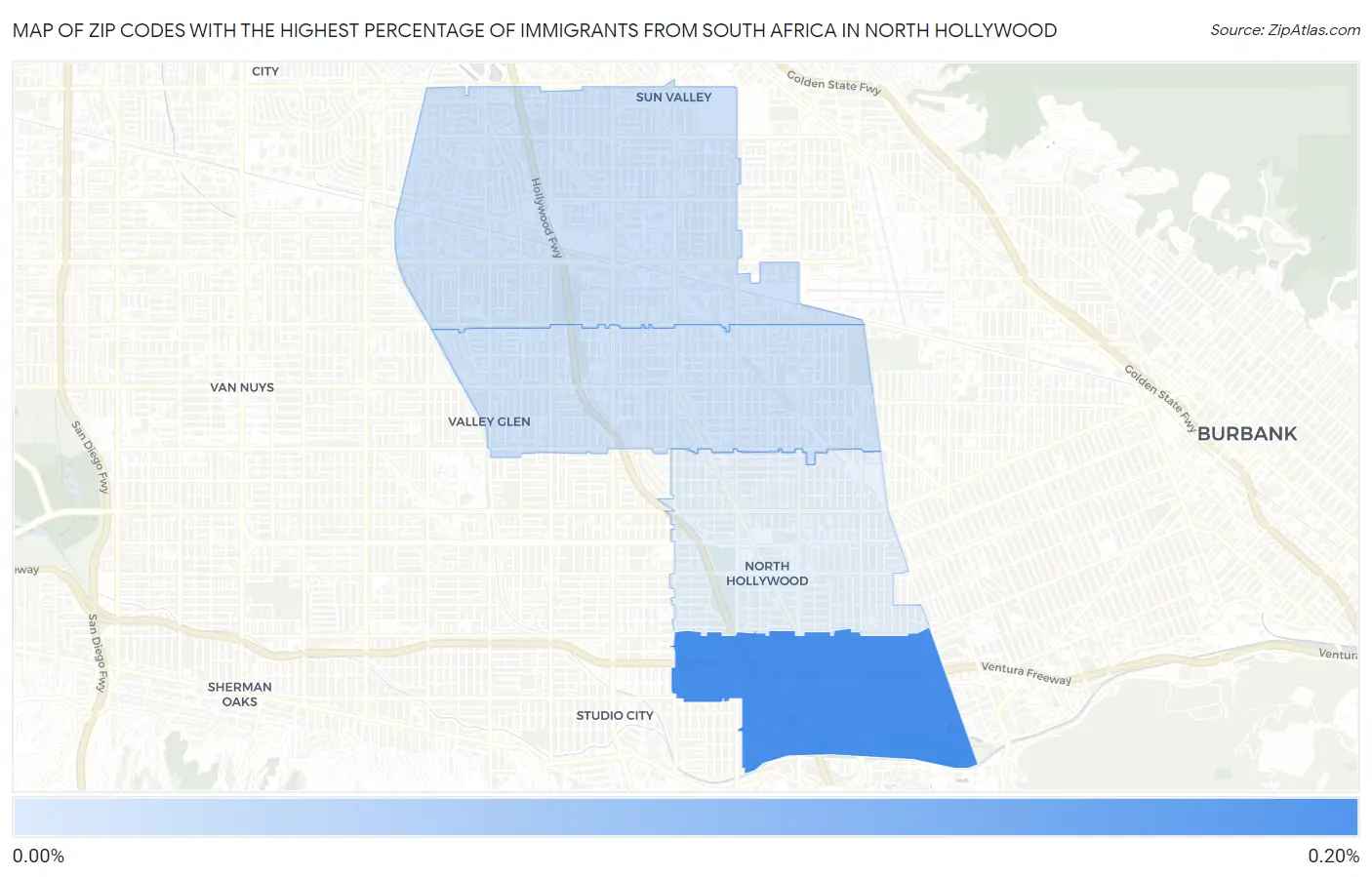 Zip Codes with the Highest Percentage of Immigrants from South Africa in North Hollywood Map