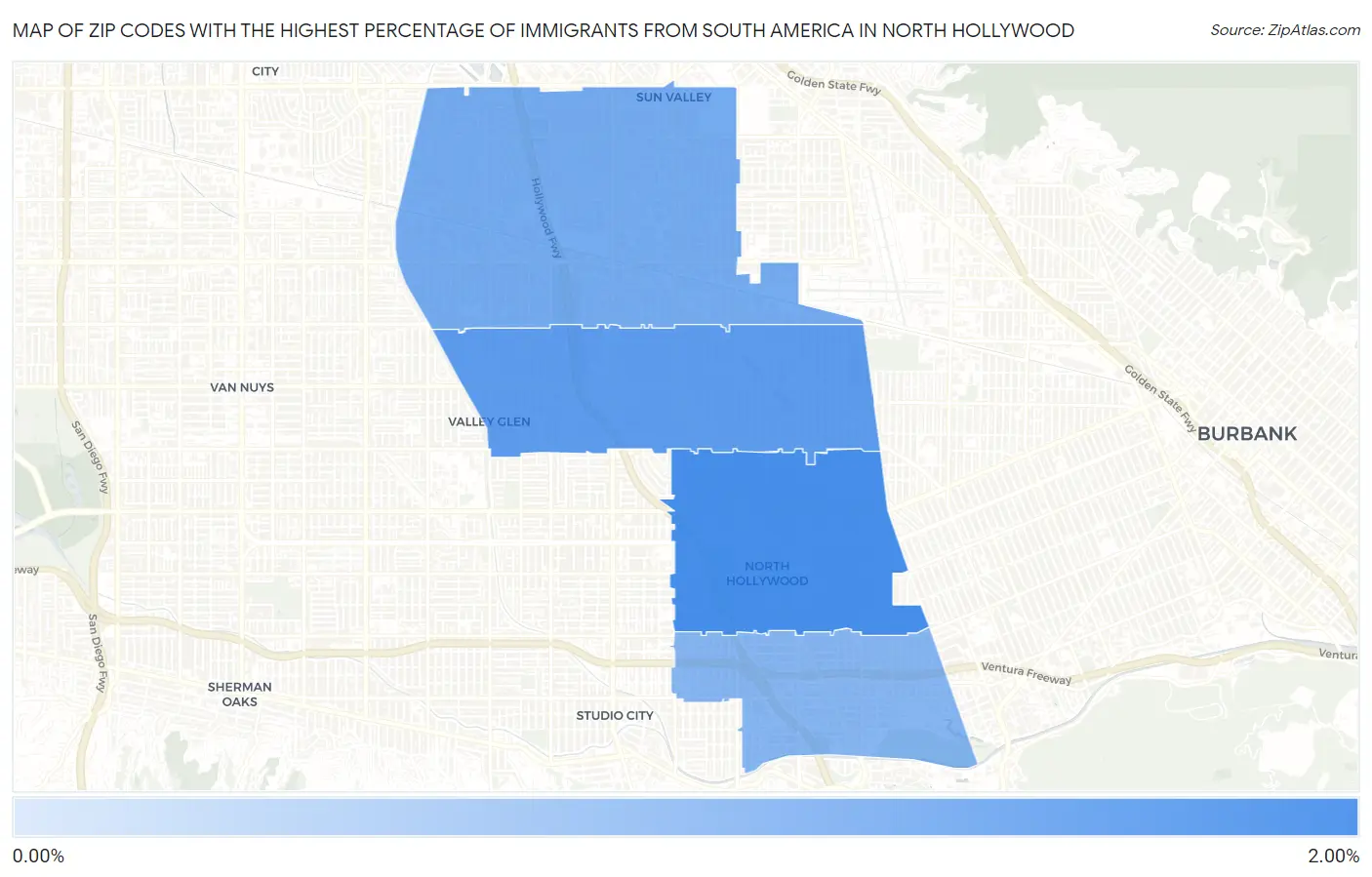 Zip Codes with the Highest Percentage of Immigrants from South America in North Hollywood Map